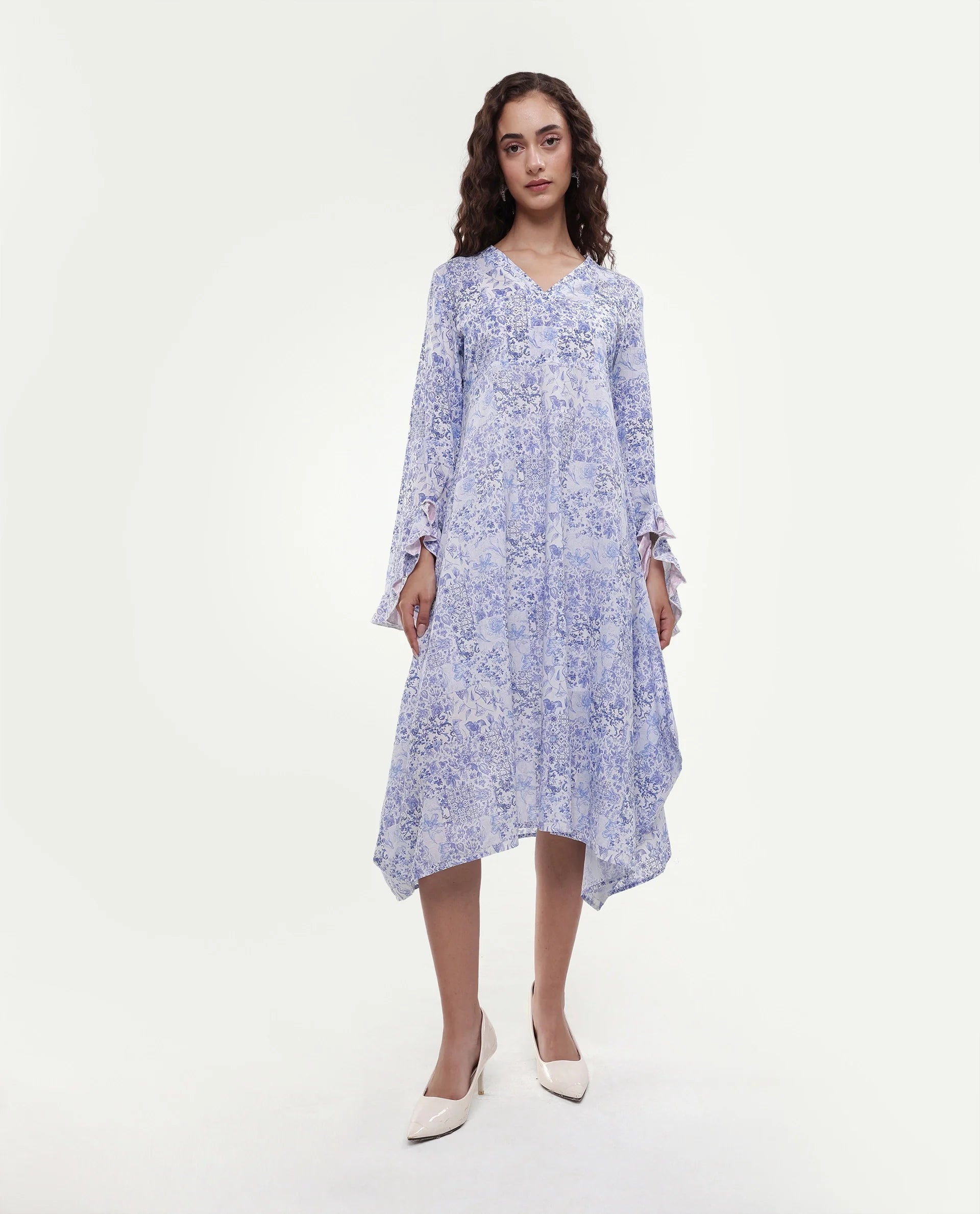 Rareism Women's Cherish Blue Cotton V-Neck Floral Print Knee Length Regular Fit Dress