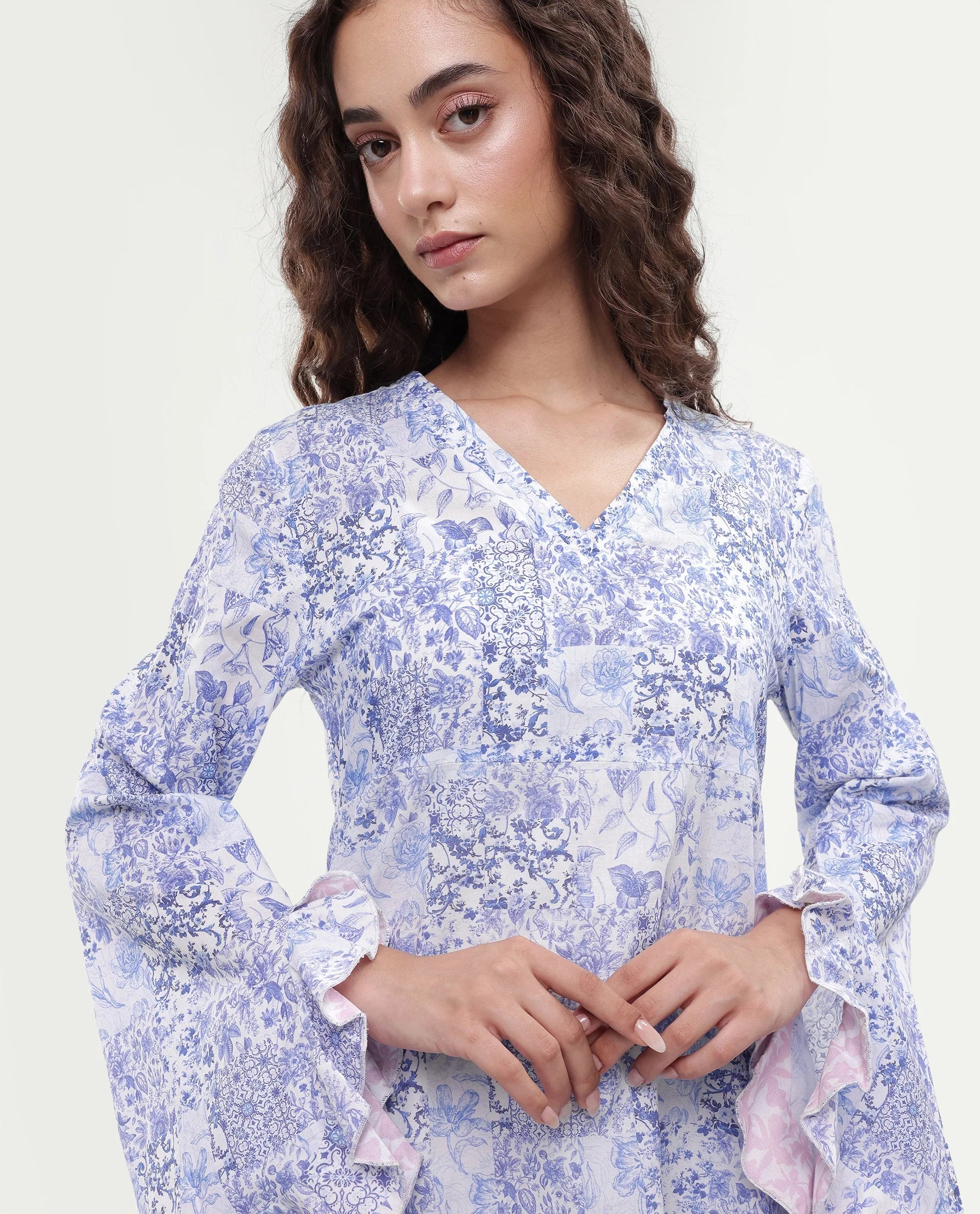 Rareism Women's Cherish Blue Cotton V-Neck Floral Print Knee Length Regular Fit Dress