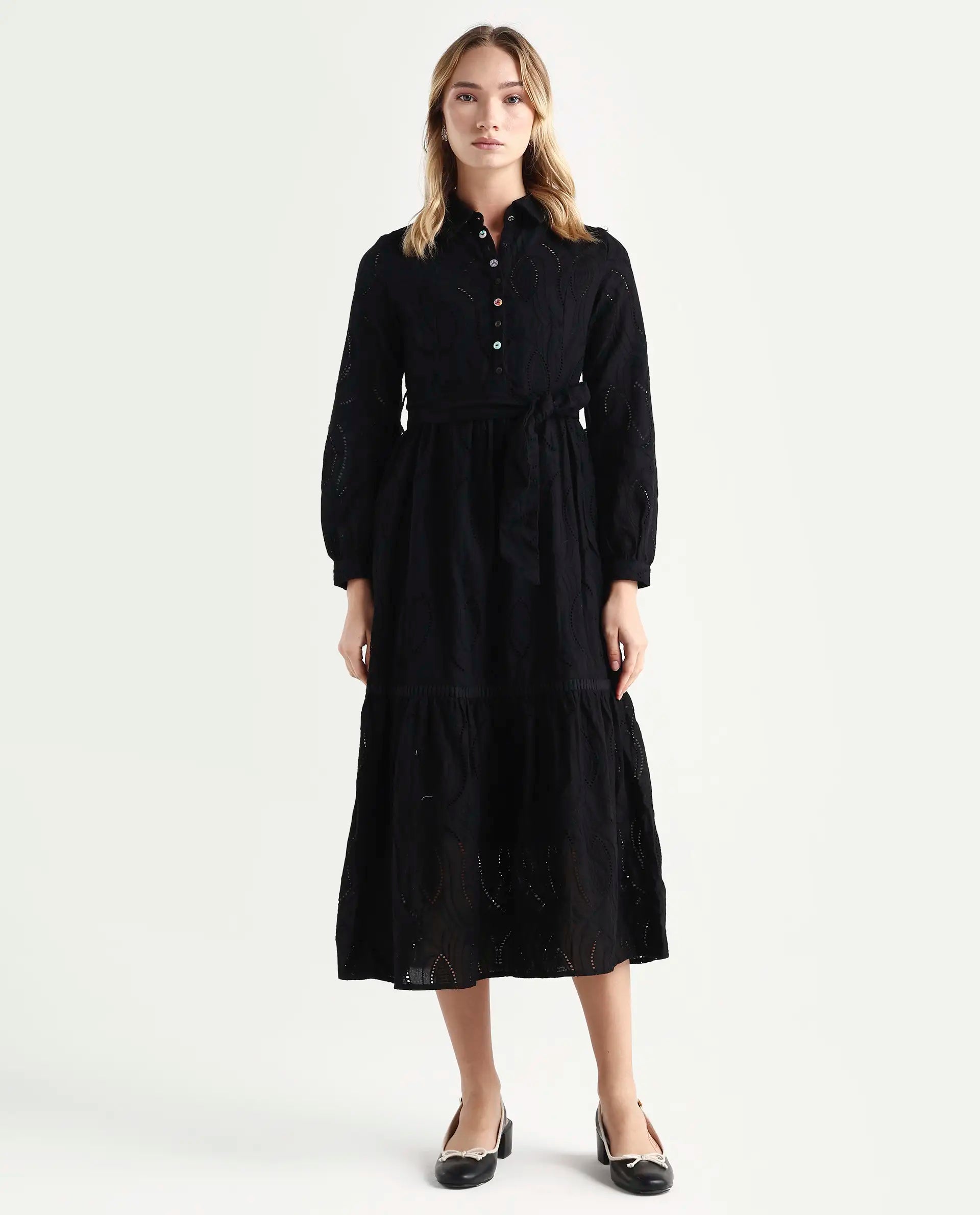 Rareism Women's Darcy Black Cotton Spread Collar Schiffli Knee Length Slim Fit Dress