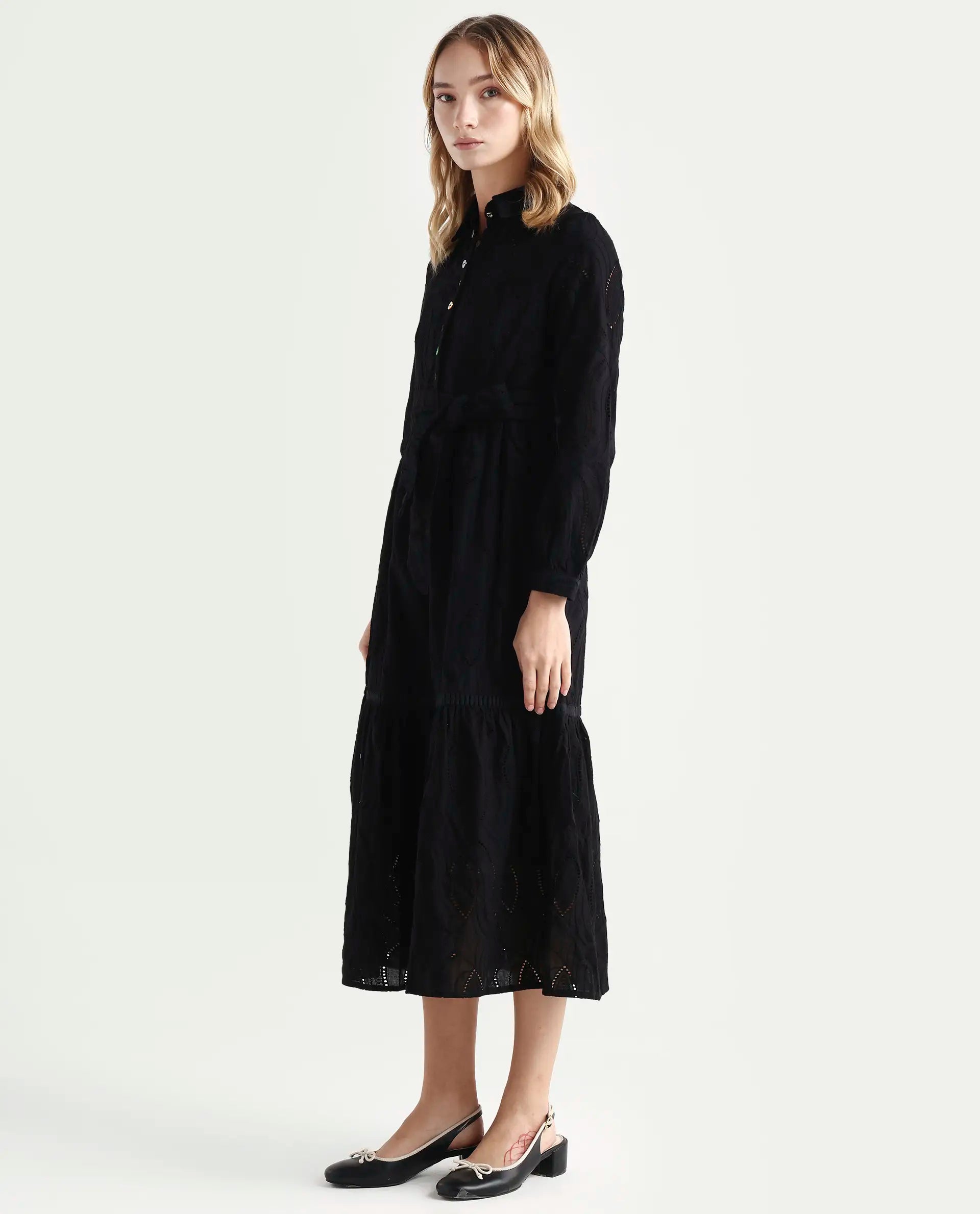 Rareism Women's Darcy Black Cotton Spread Collar Schiffli Knee Length Slim Fit Dress