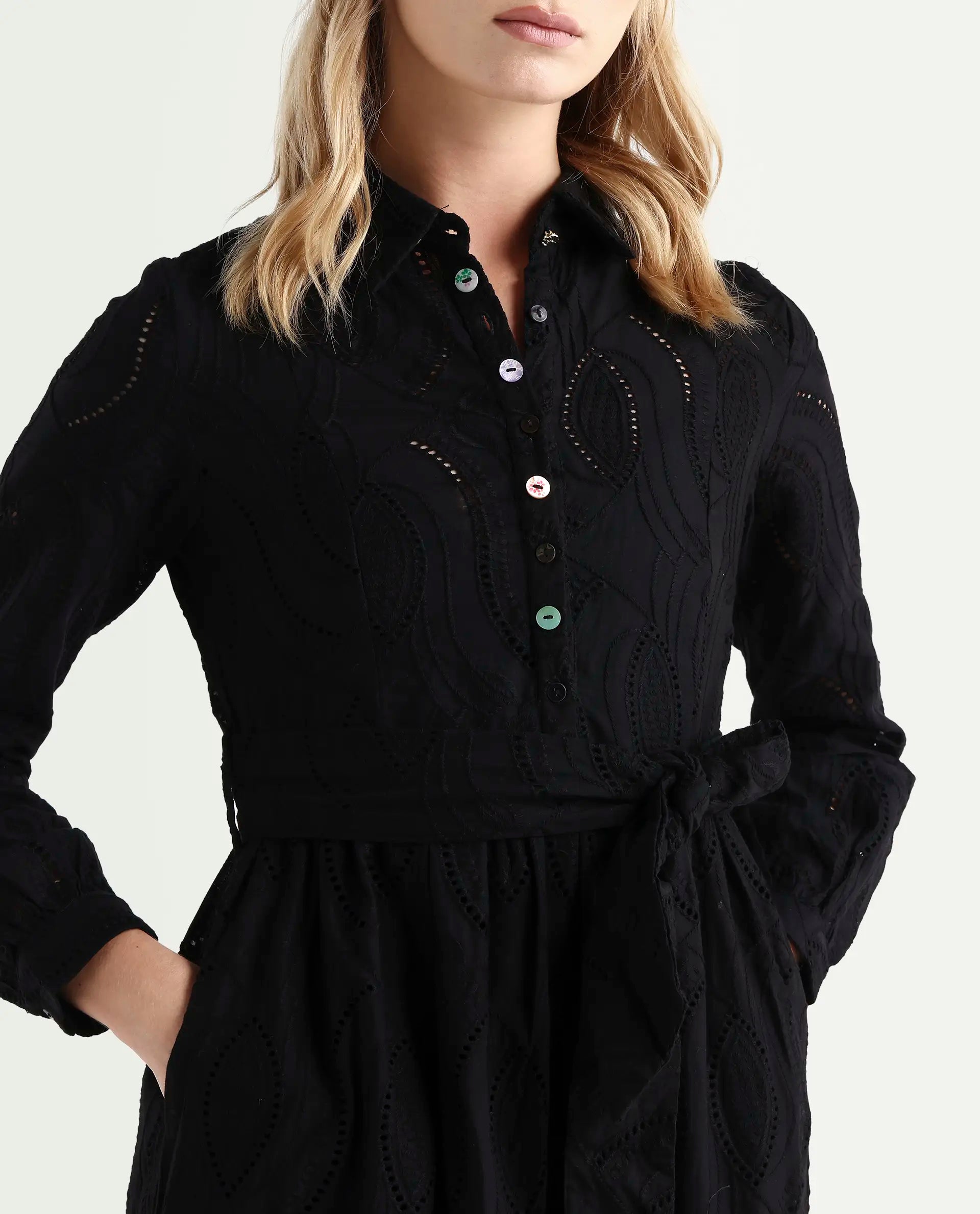 Rareism Women's Darcy Black Cotton Spread Collar Schiffli Knee Length Slim Fit Dress