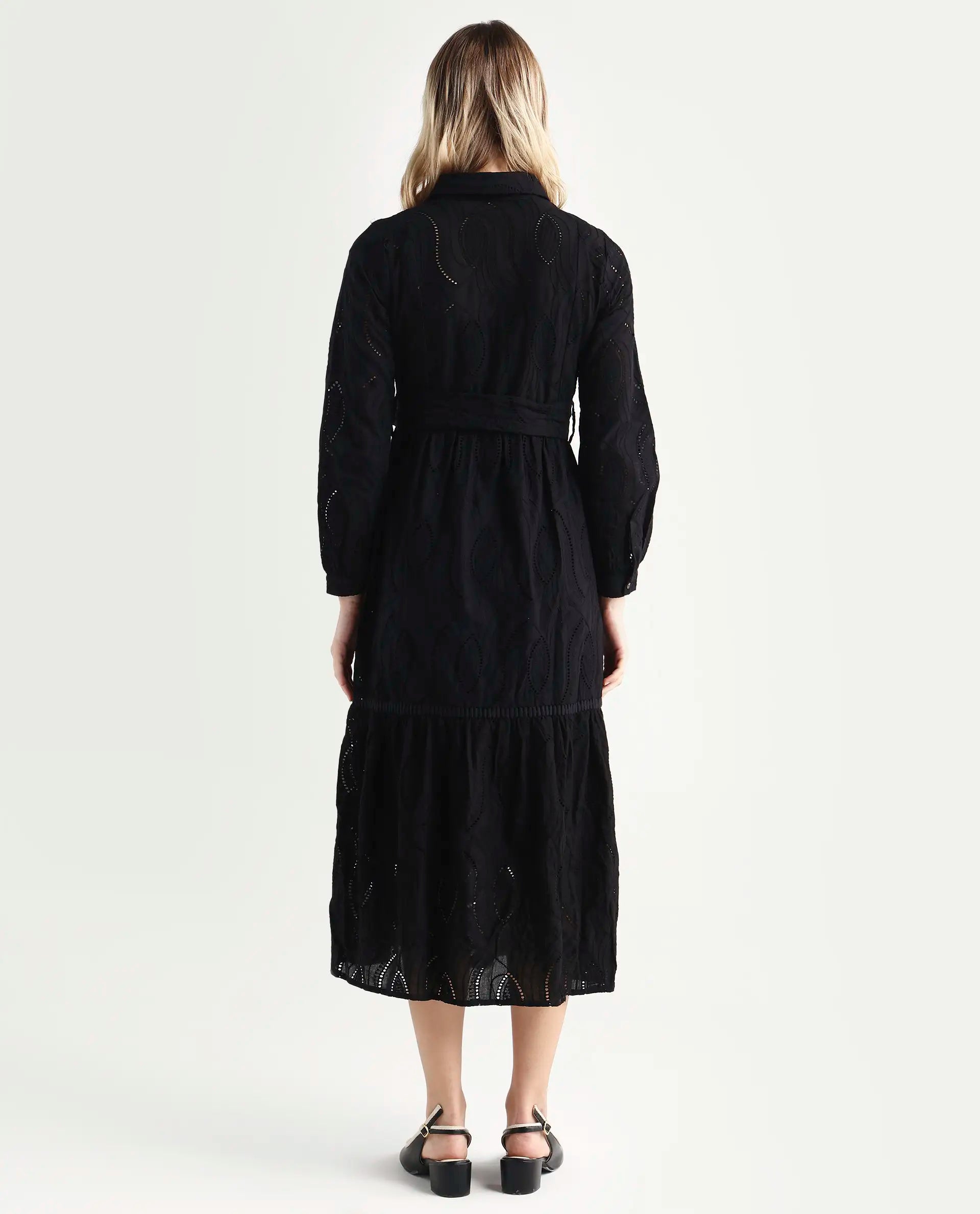 Rareism Women's Darcy Black Cotton Spread Collar Schiffli Knee Length Slim Fit Dress
