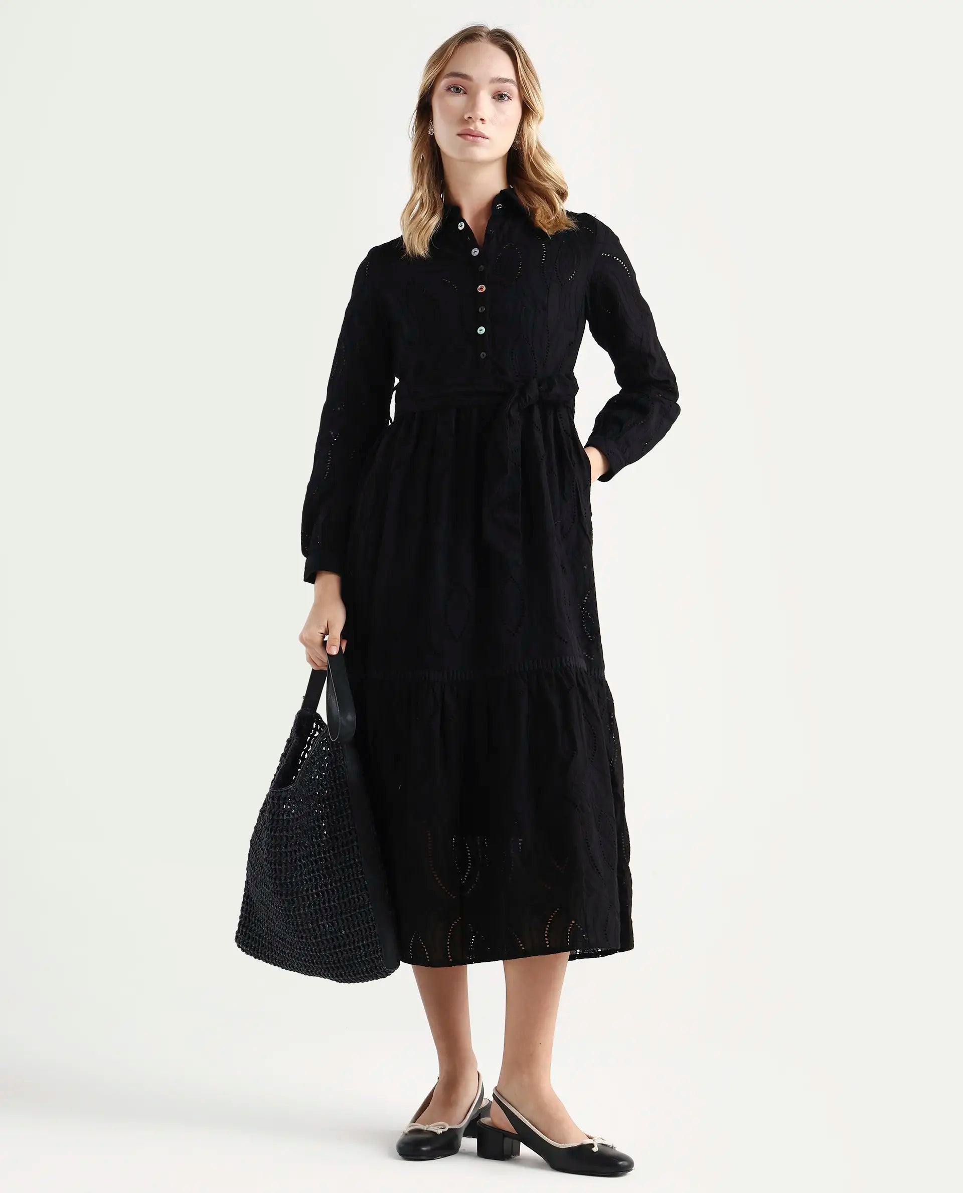 Rareism Women's Darcy Black Cotton Spread Collar Schiffli Knee Length Slim Fit Dress