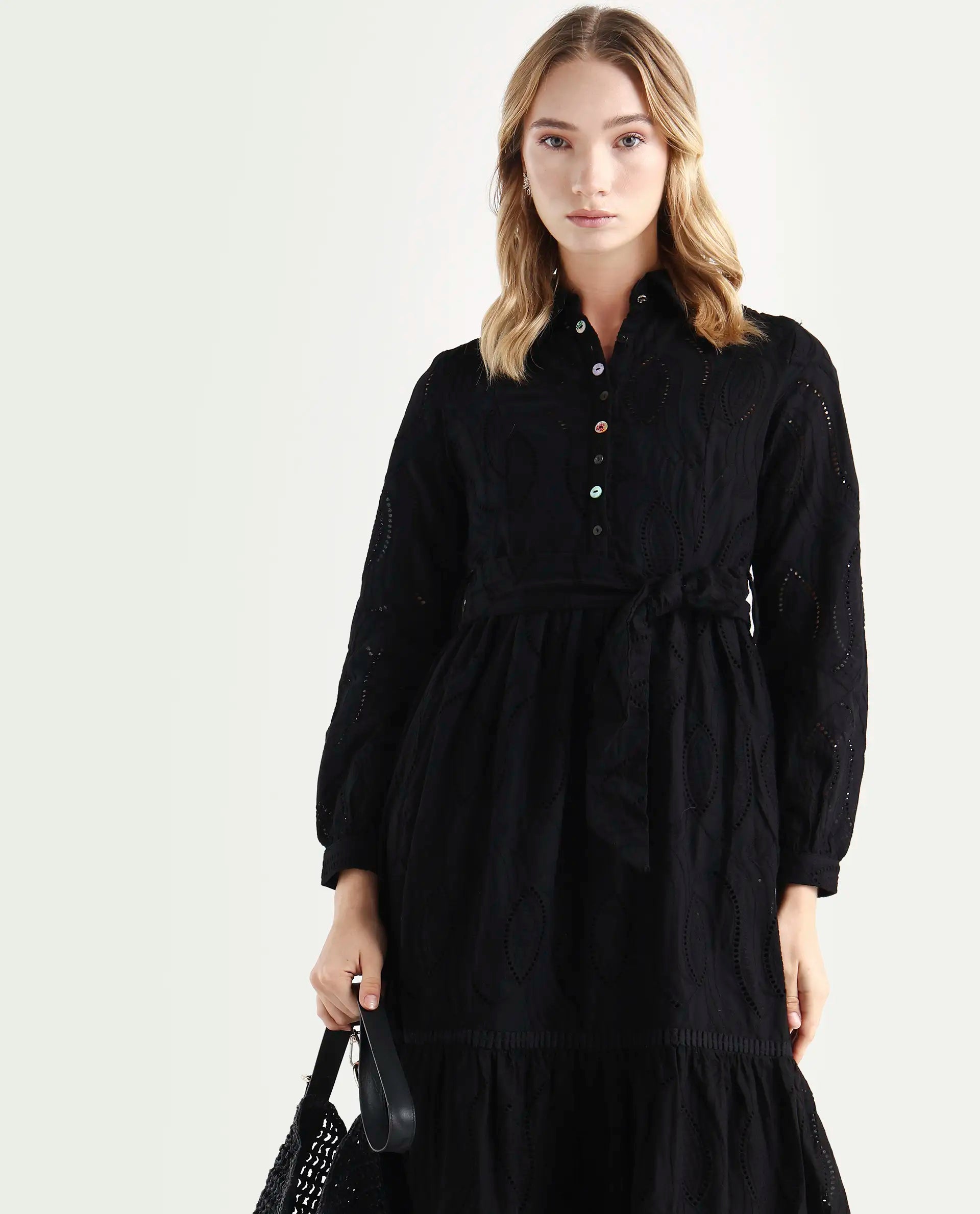 Rareism Women's Darcy Black Cotton Spread Collar Schiffli Knee Length Slim Fit Dress