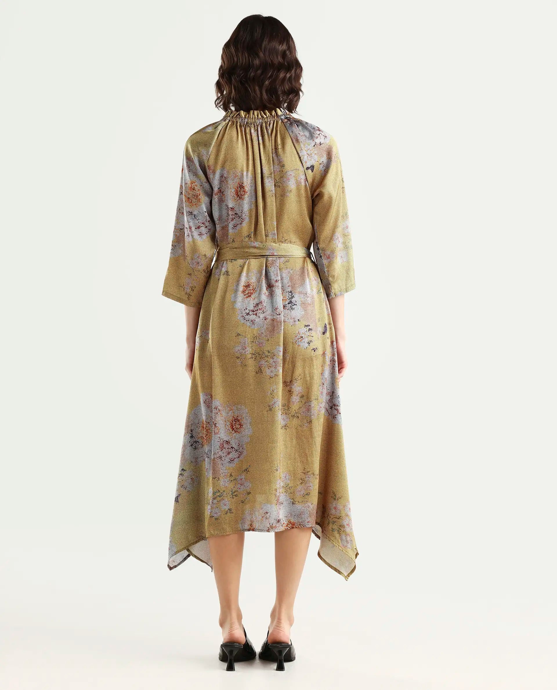 Rareism Women's Journee Yellow Polyester Sweetheart Neck Floral Print Midi Regular Fit Dress