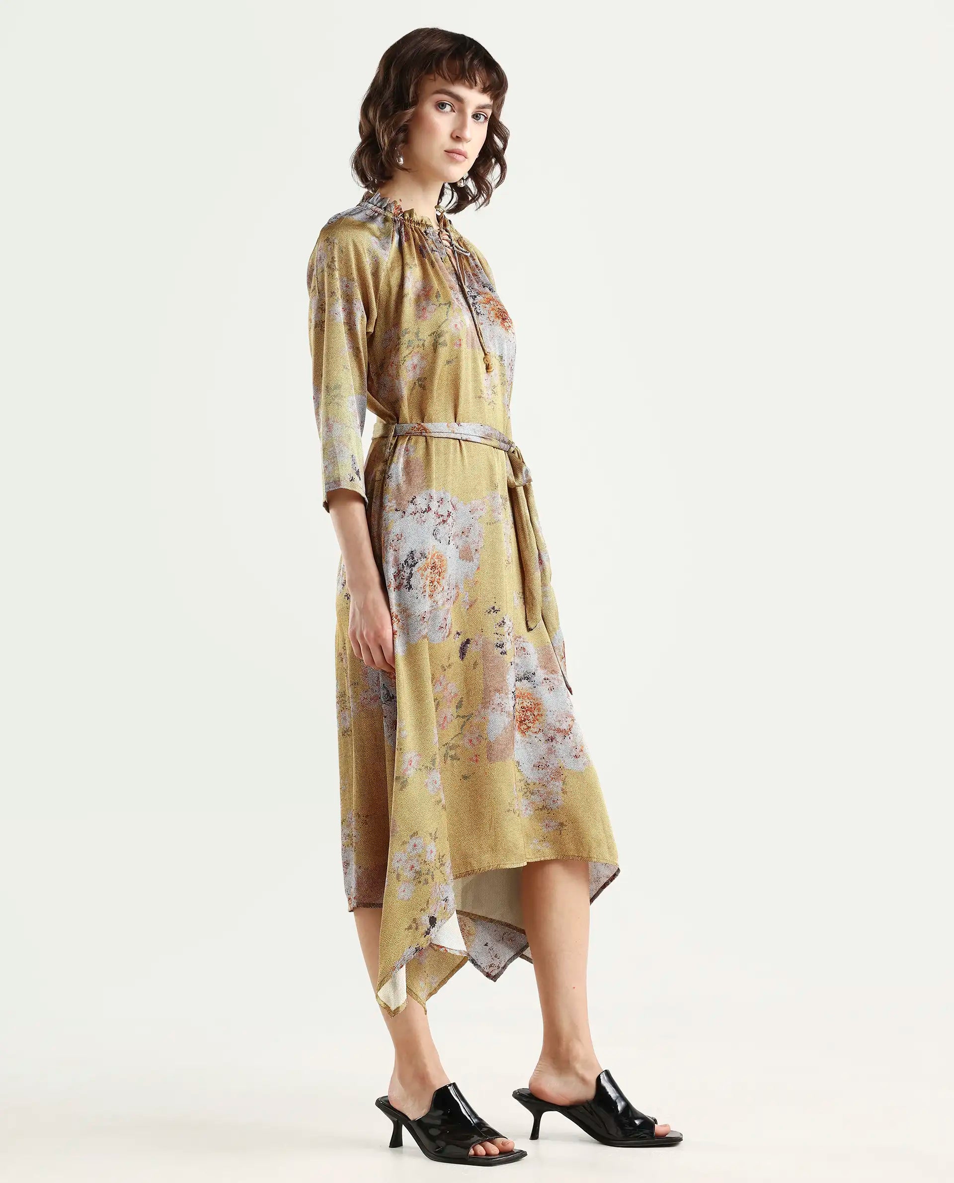 Rareism Women's Journee Yellow Polyester Sweetheart Neck Floral Print Midi Regular Fit Dress