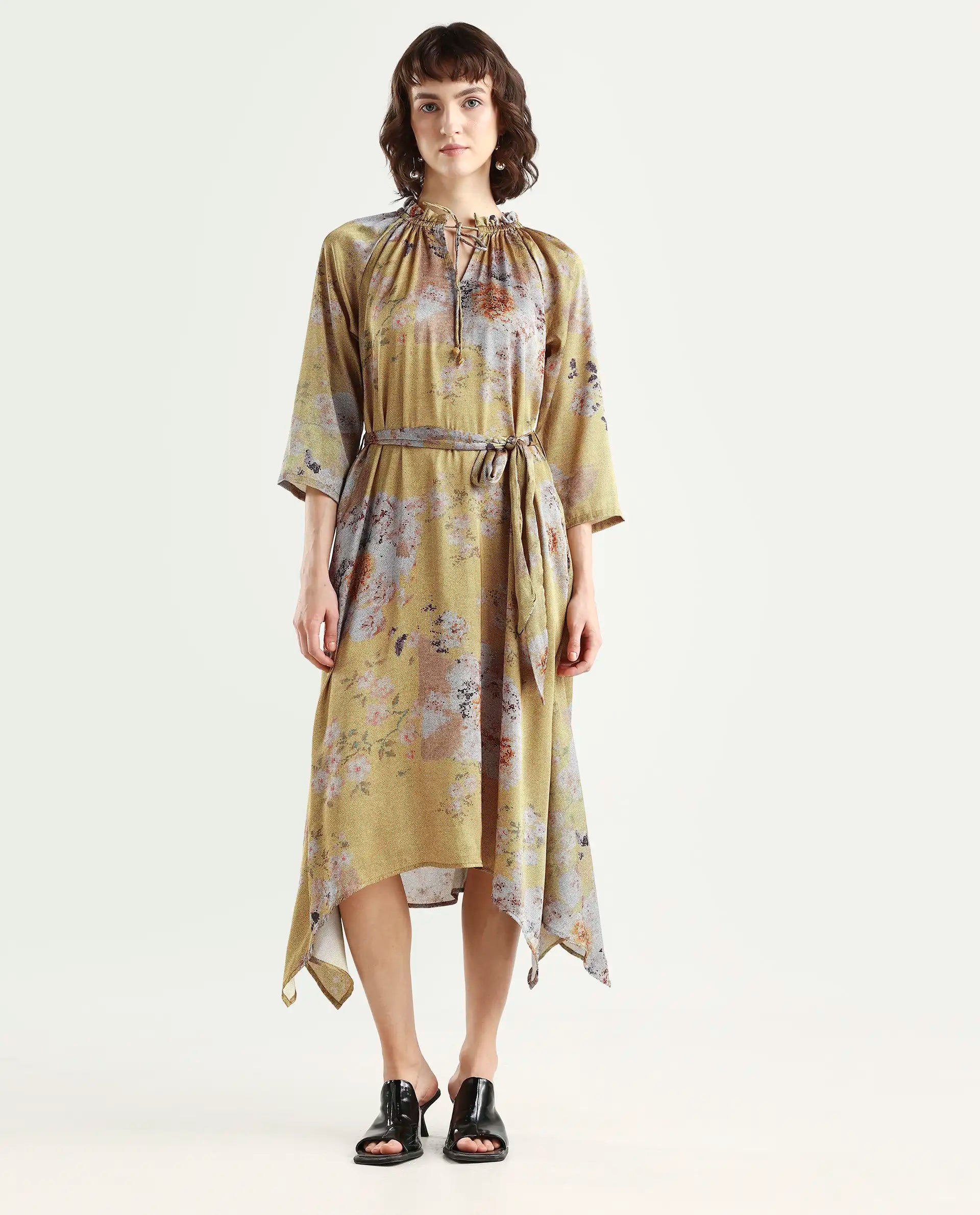 Rareism Women's Journee Yellow Polyester Sweetheart Neck Floral Print Midi Regular Fit Dress