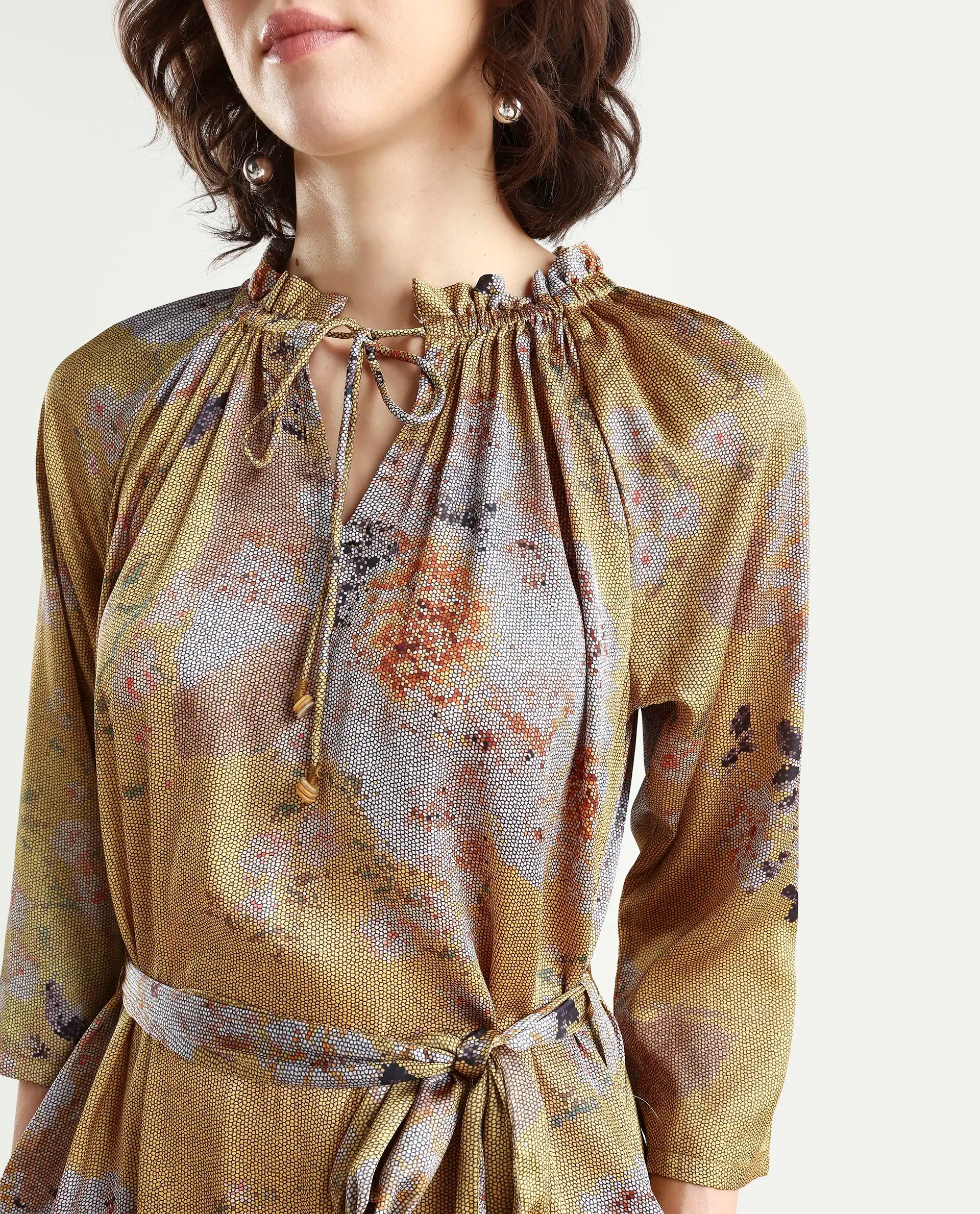 Rareism Women's Journee Yellow Polyester Sweetheart Neck Floral Print Midi Regular Fit Dress