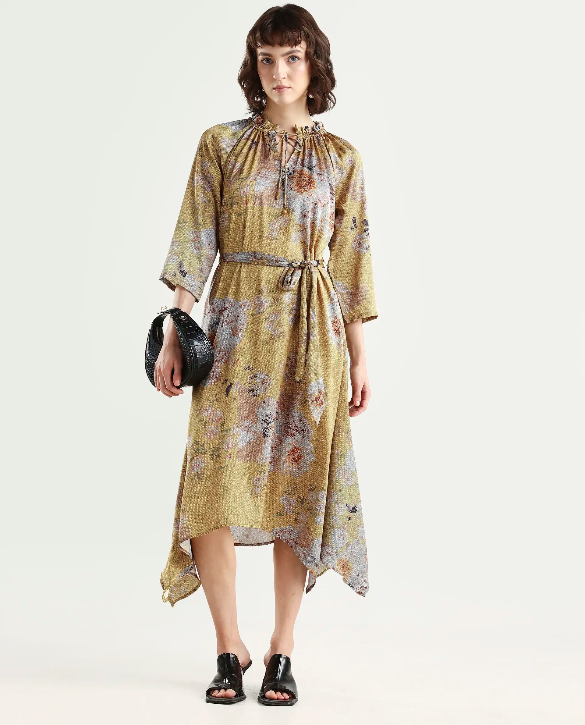 Rareism Women's Journee Yellow Polyester Sweetheart Neck Floral Print Midi Regular Fit Dress