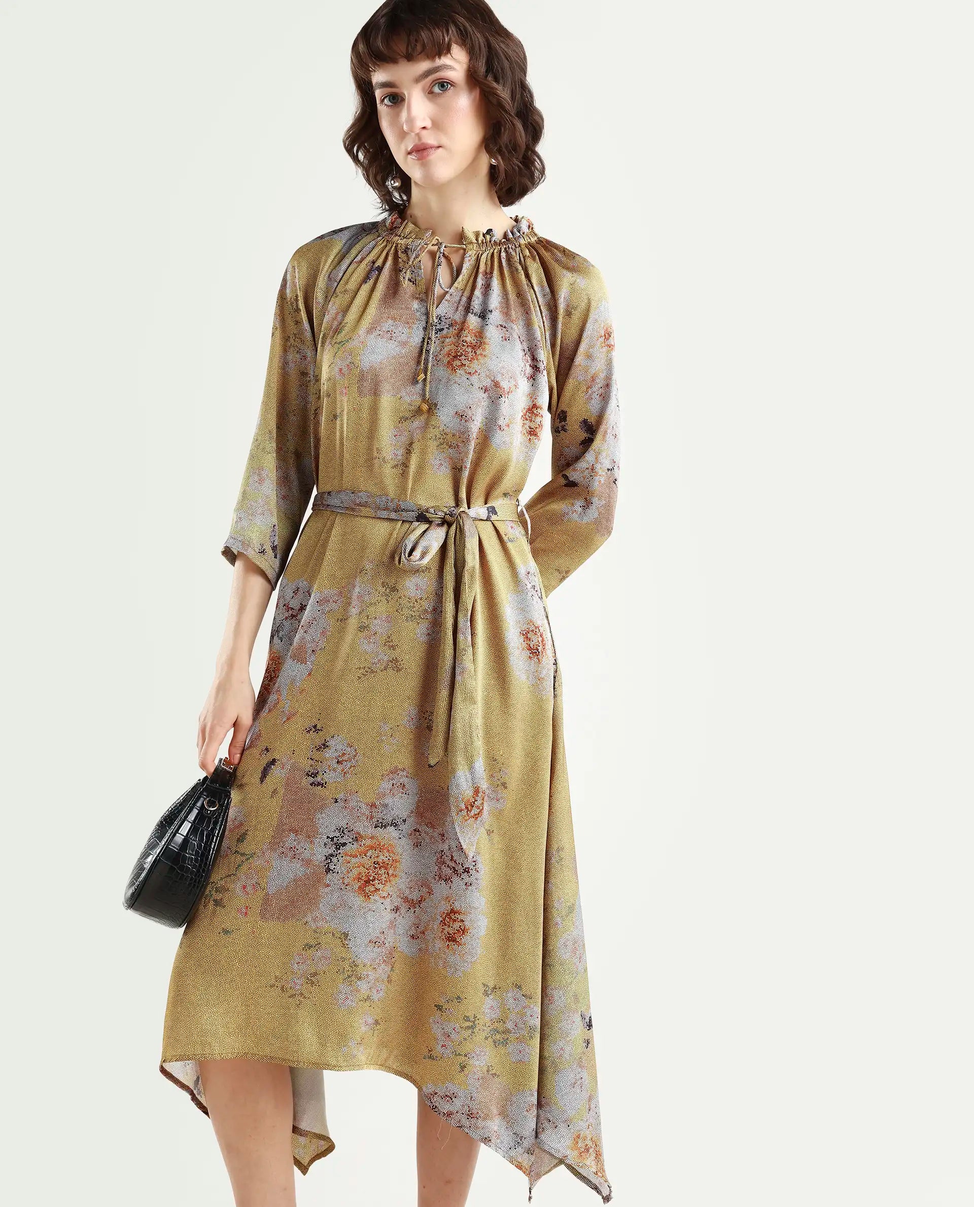 Rareism Women's Journee Yellow Polyester Sweetheart Neck Floral Print Midi Regular Fit Dress