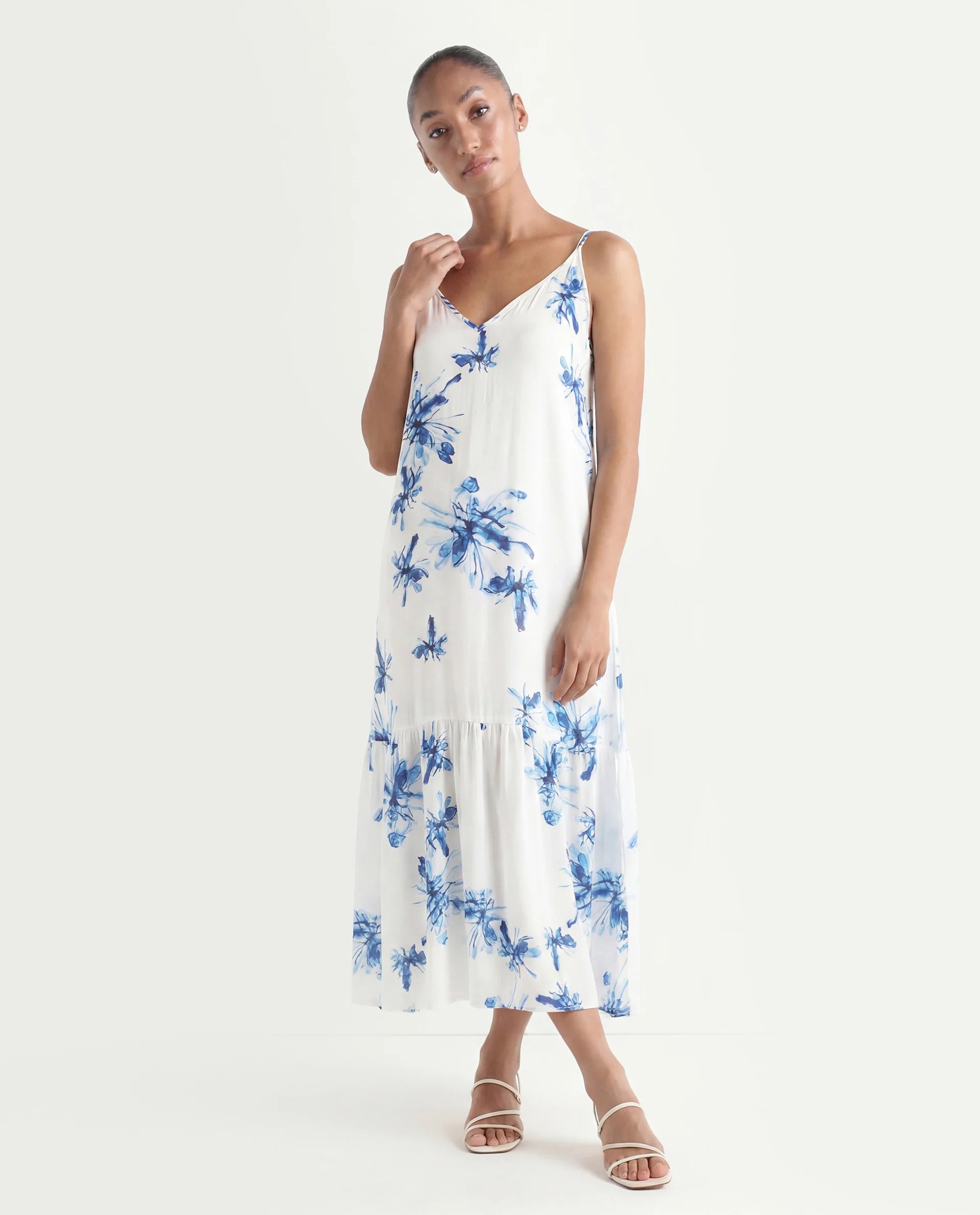 Rareism Women's Lola White Polyester Shoulder Strap Abstract Print Shoulder Strap Midi Regular Fit Dress