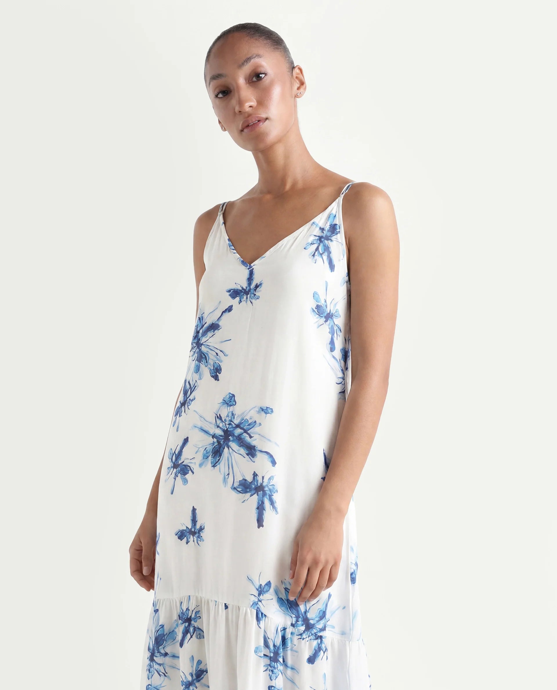 Rareism Women's Lola White Polyester Shoulder Strap Abstract Print Shoulder Strap Midi Regular Fit Dress