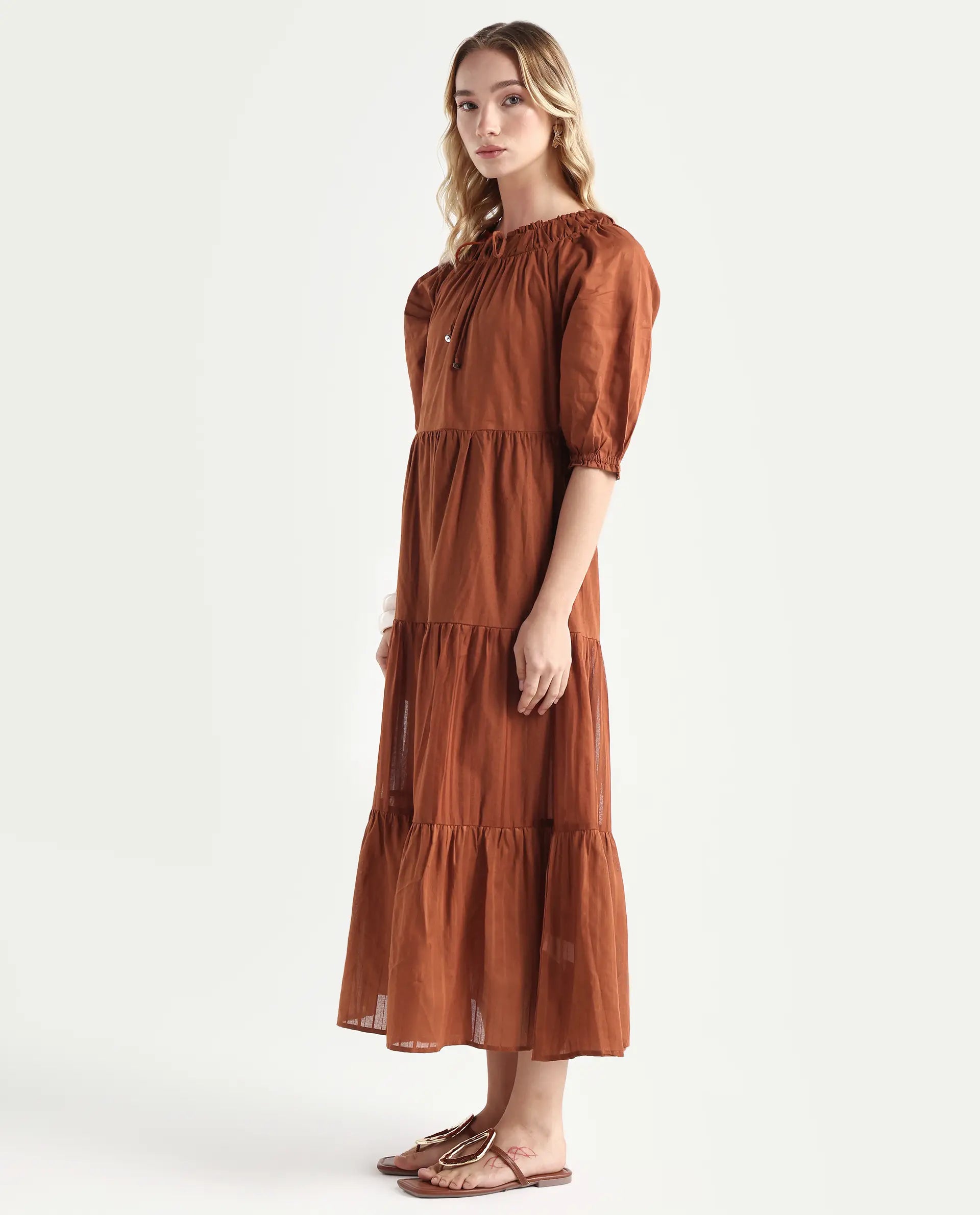 Rareism Women's Myle Brown Cotton Tie-Up Neck Plain Puff Sleeves Knee Length Regular Fit Dress