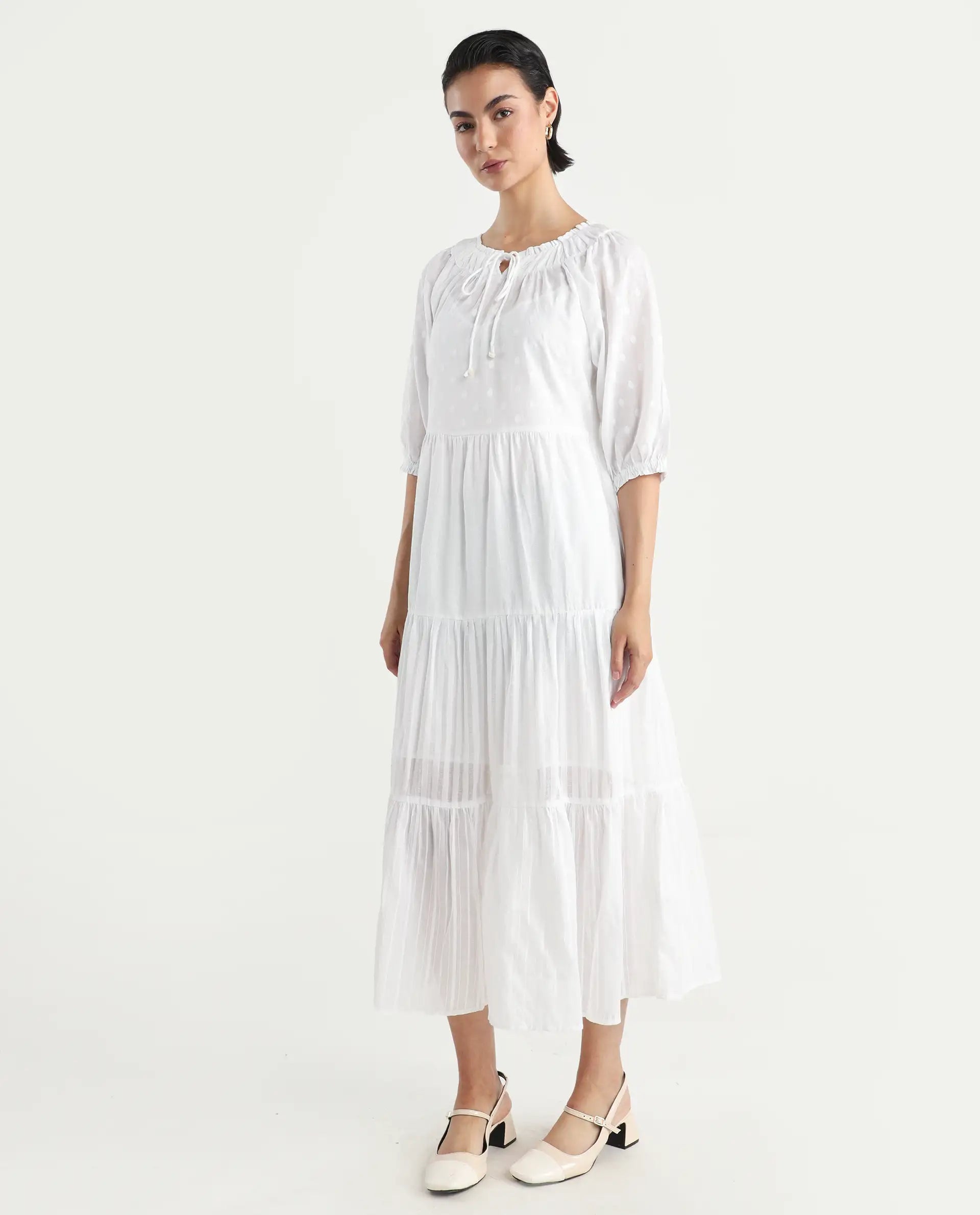 Rareism Women's Myle White Cotton Tie-Up Neck Plain Puff Sleeves Knee Length Regular Fit Dress