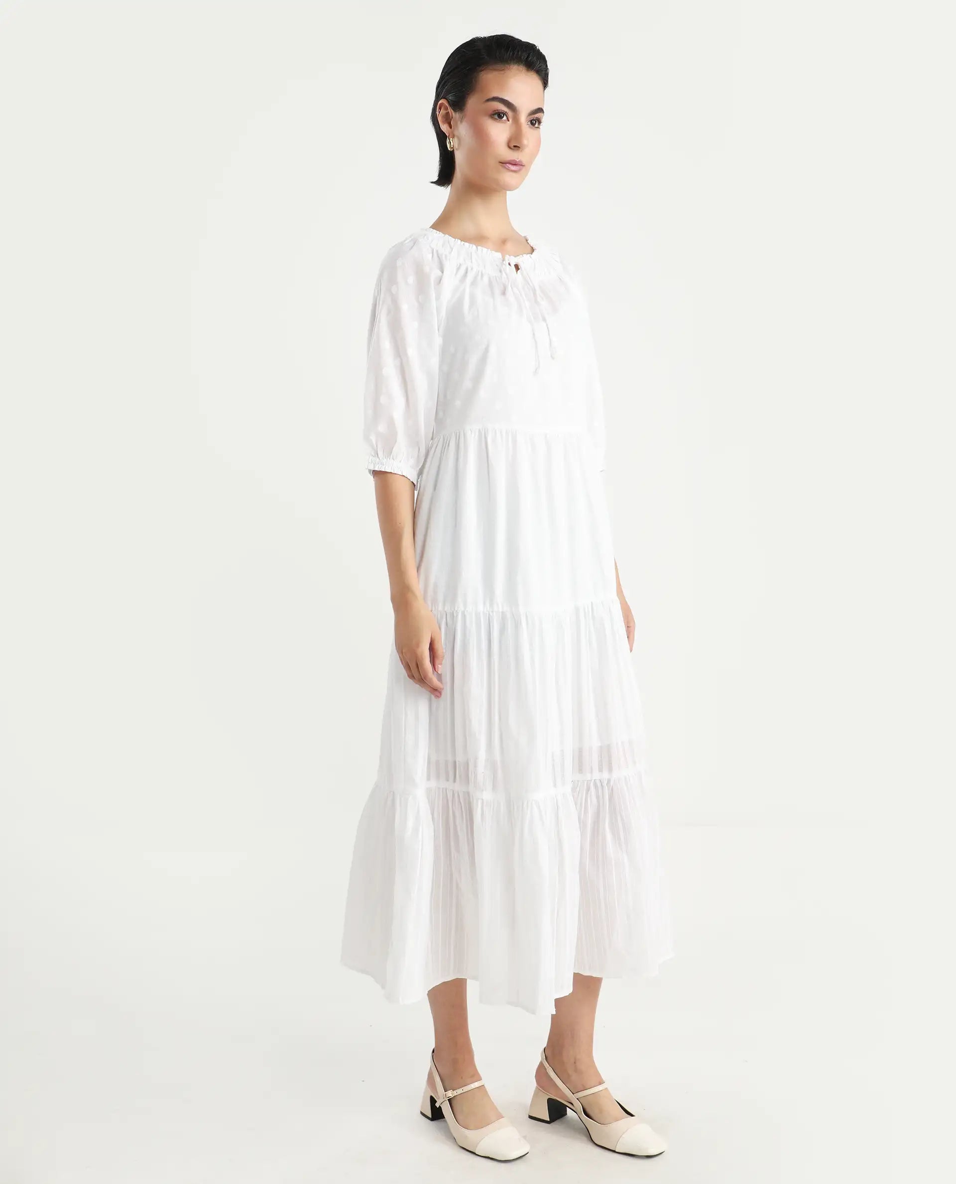 Rareism Women's Myle White Cotton Tie-Up Neck Plain Puff Sleeves Knee Length Regular Fit Dress