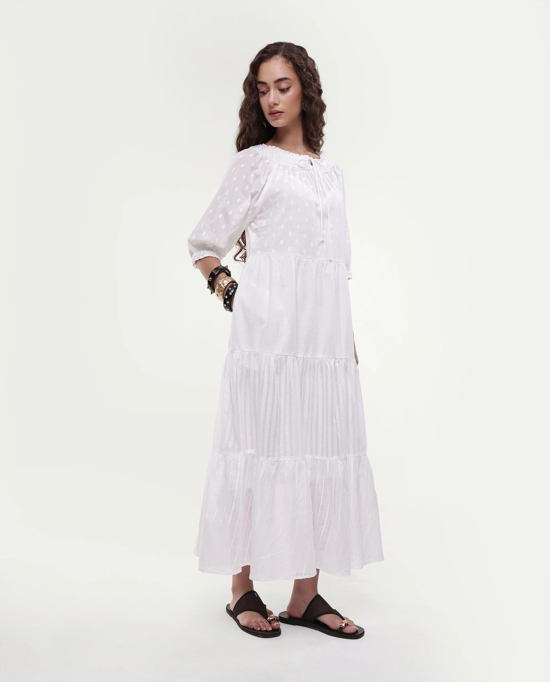 Rareism Women's Myle White Cotton Tie-Up Neck Plain Puff Sleeves Knee Length Regular Fit Dress