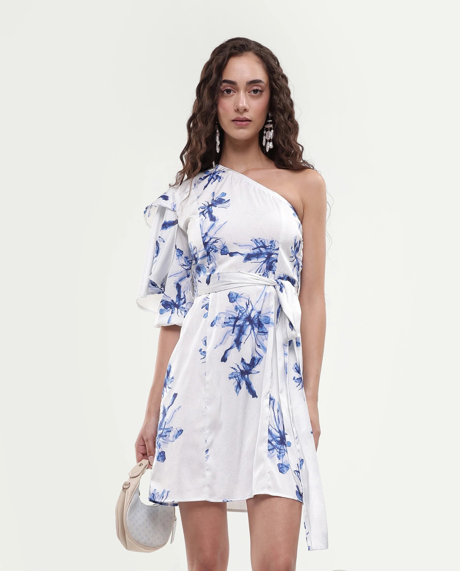 Rareism Women's Winnie White Modal One Shoulder Floral Print Puff Sleeves Knee Length Slim Fit Dress