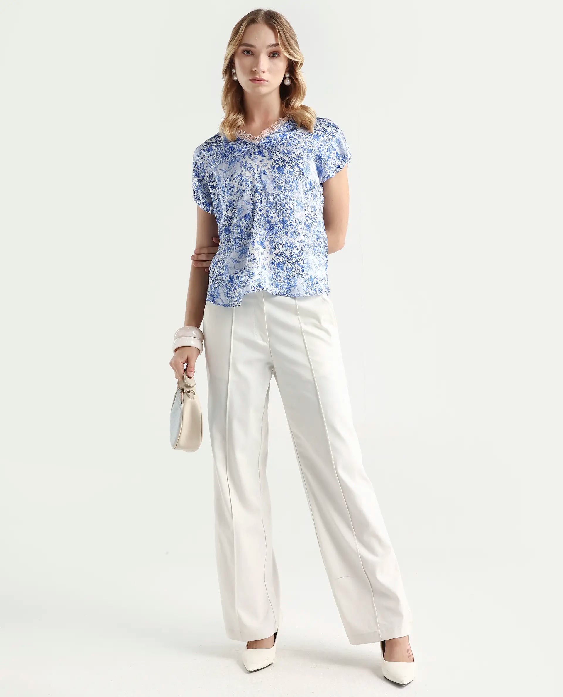 Rareism Women's Annika Blue Polyester V-Neck Abstract Print Extended Sleeves Regular Fit Top