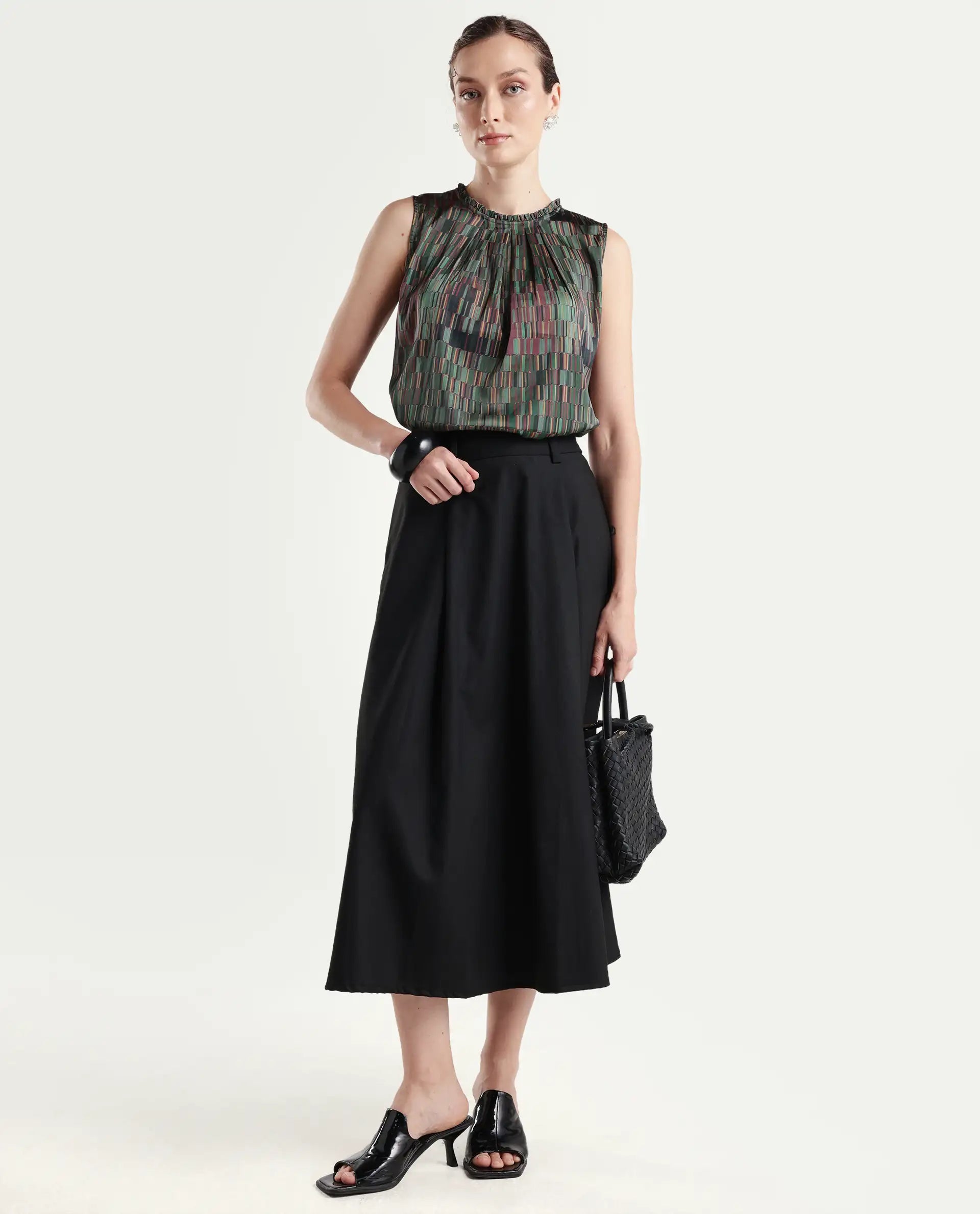 Rareism Women's Giselle Olive Polyester Crew Neck Geometric Print Sleeveless Regular Fit Top