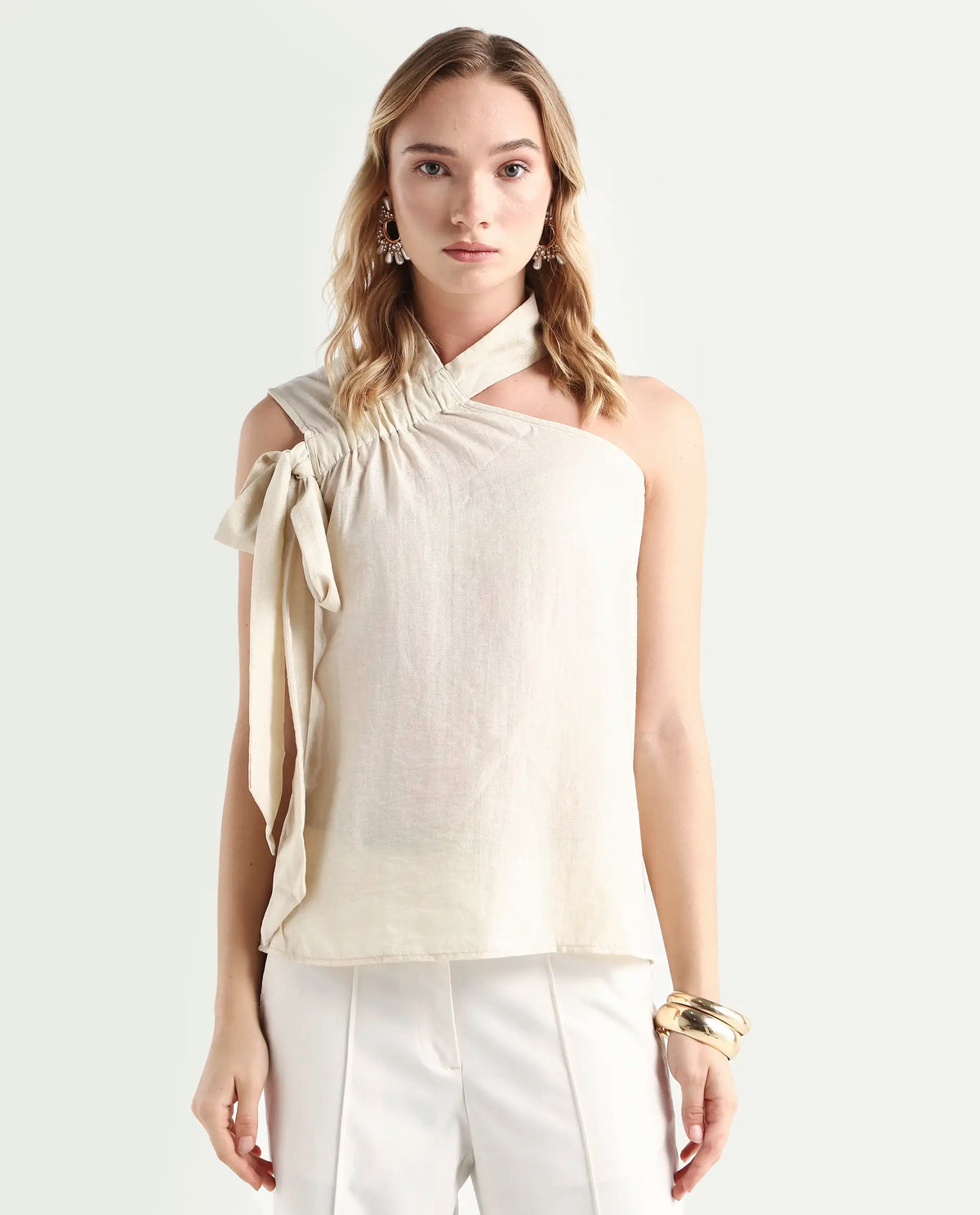 Rareism Women's Urale Beige Rayon Blend Halter Neck Plain Sleeveless Slim Fit Top