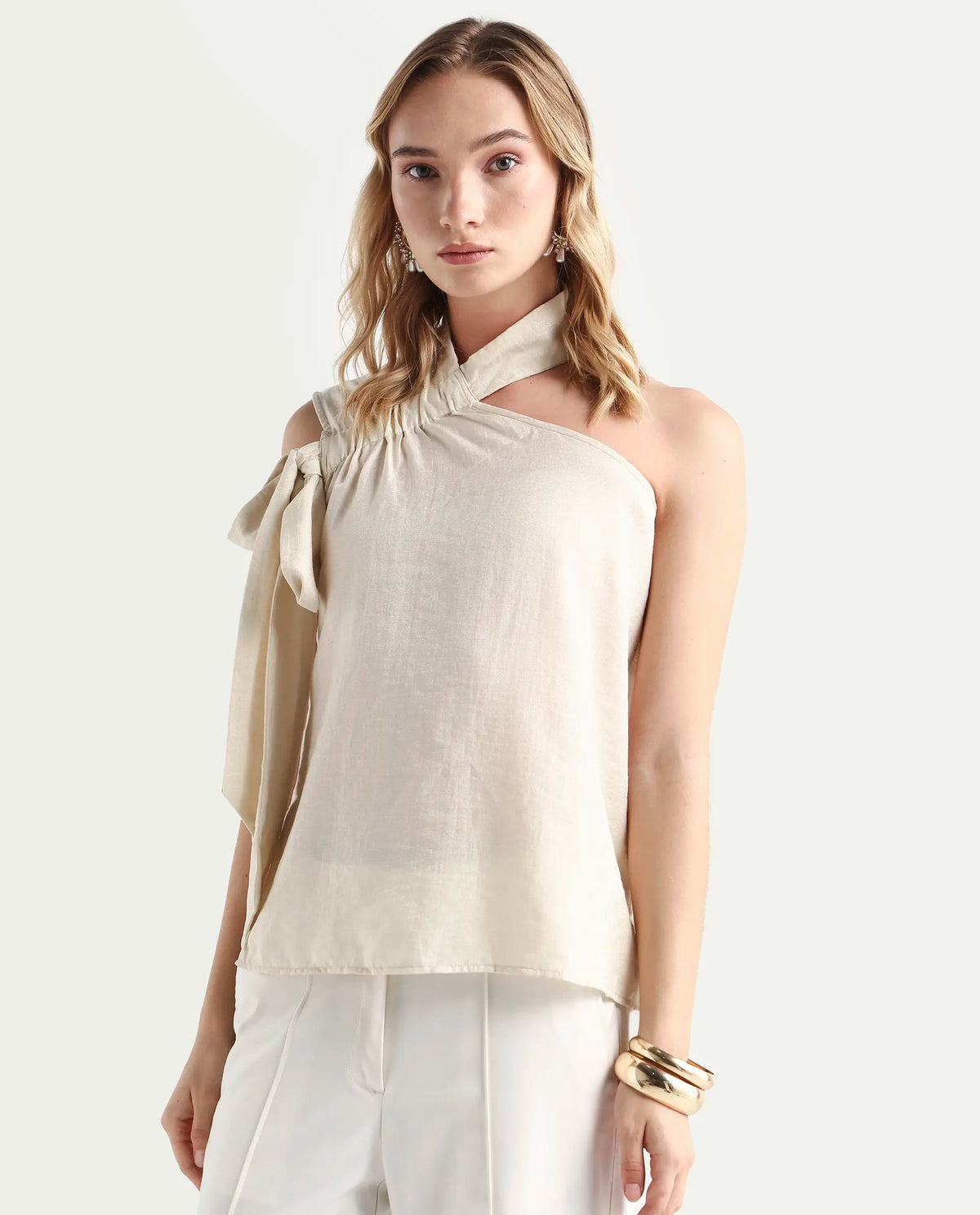 Rareism Women's Urale Beige Rayon Blend Halter Neck Plain Sleeveless Slim Fit Top