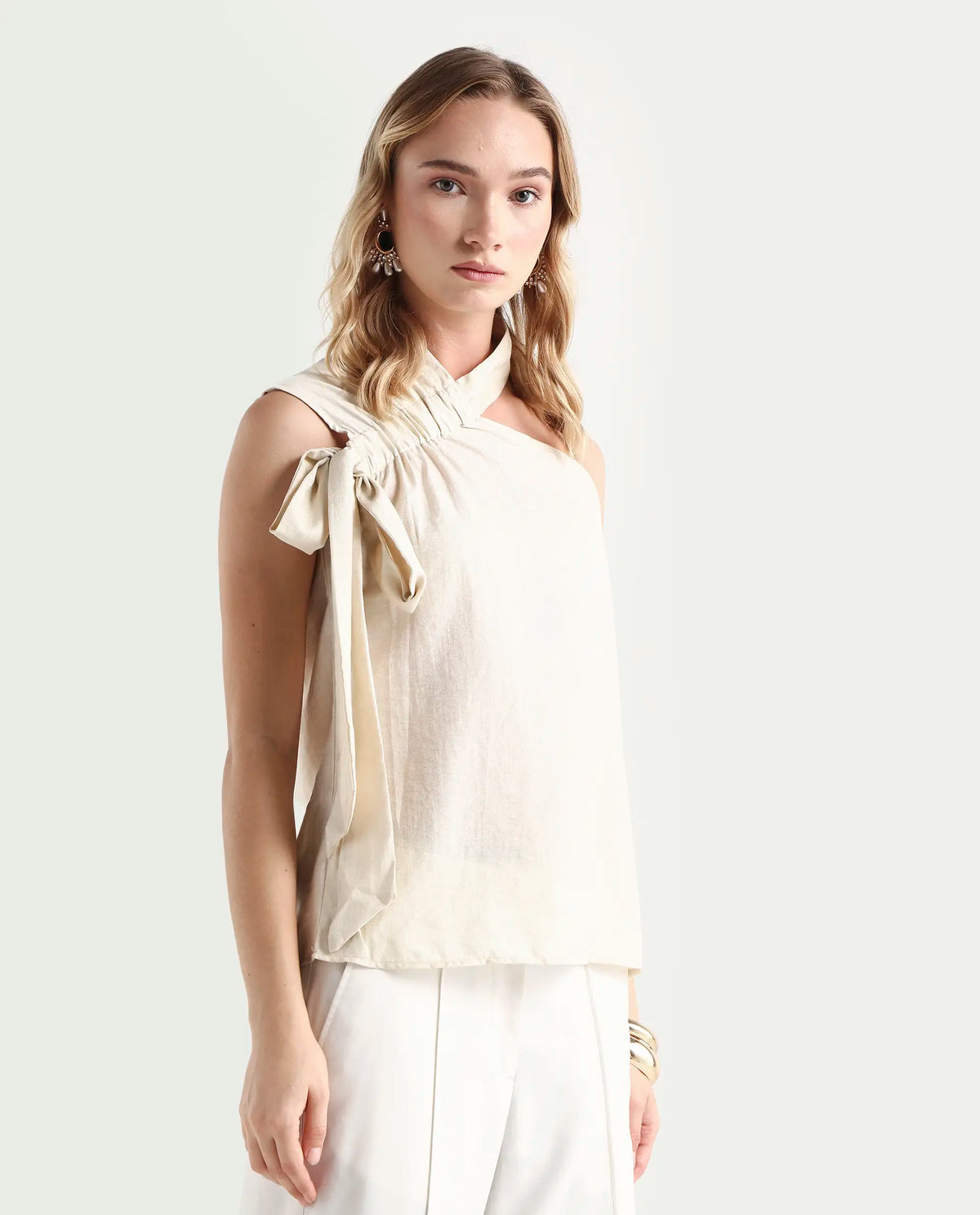 Rareism Women's Urale Beige Rayon Blend Halter Neck Plain Sleeveless Slim Fit Top