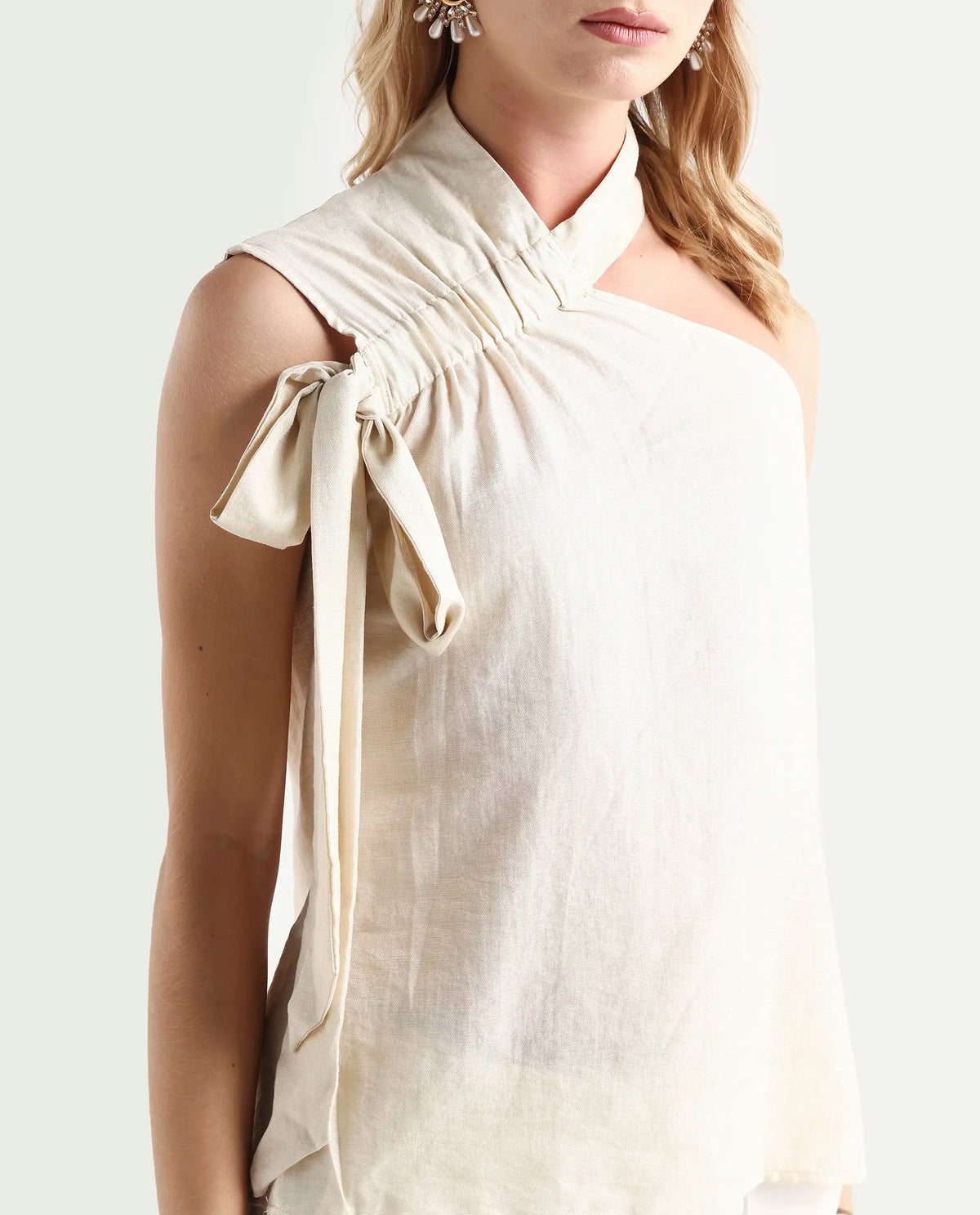 Rareism Women's Urale Beige Rayon Blend Halter Neck Plain Sleeveless Slim Fit Top