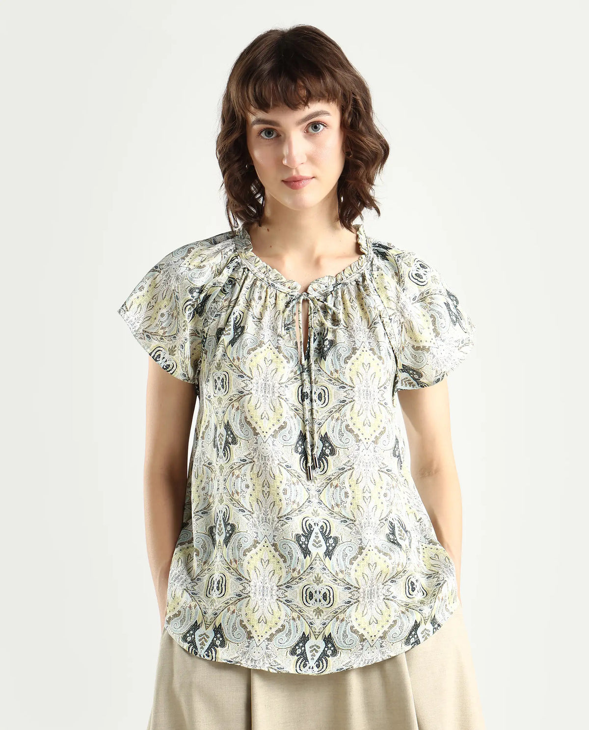 Rareism Women's Eddma White Polyester V-Neck Paisley Print Extended Sleeves Tailored Top