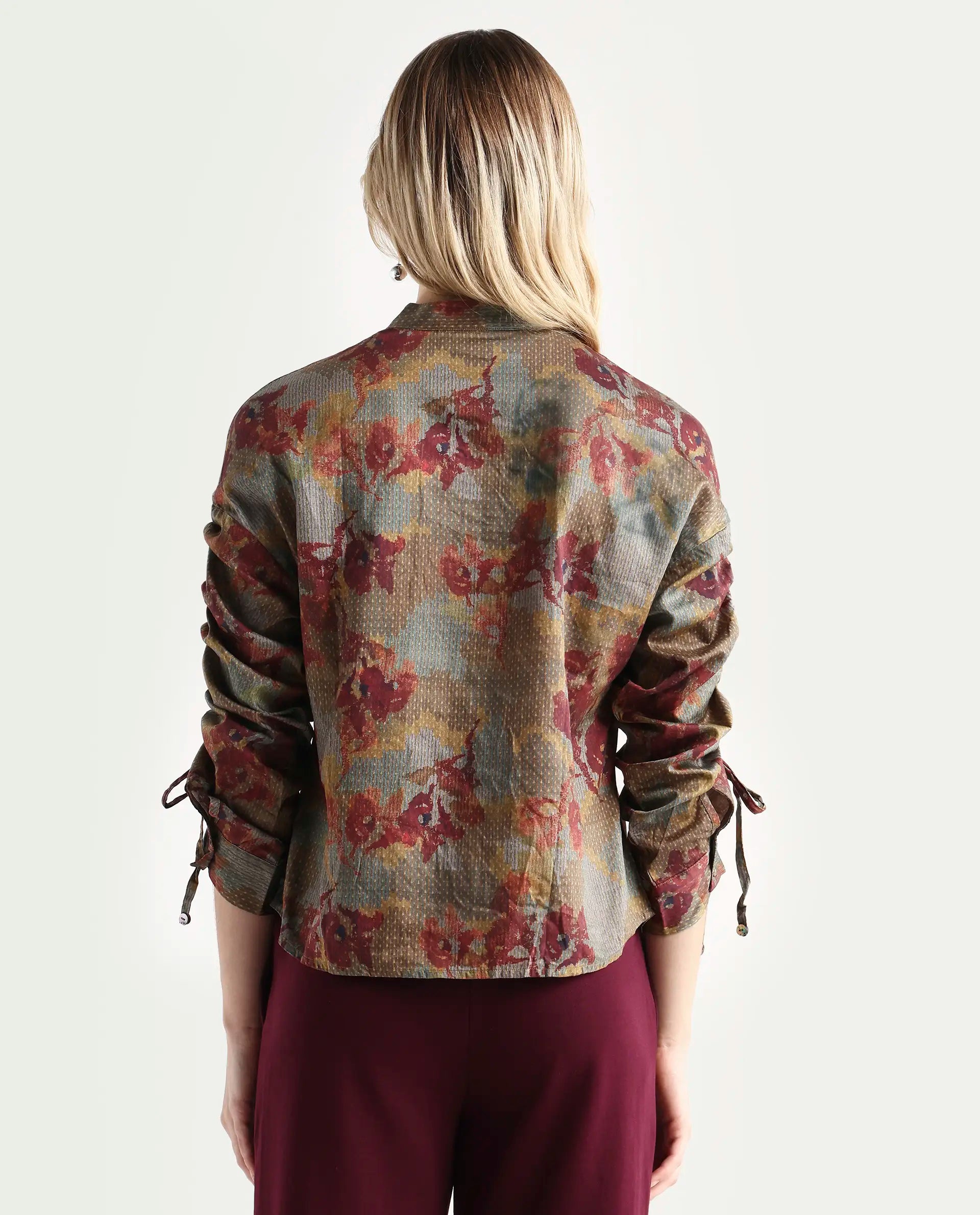 Rareism Women's Skyla Olive Cotton Mandarin Collar Floral Print Regular Fit Top