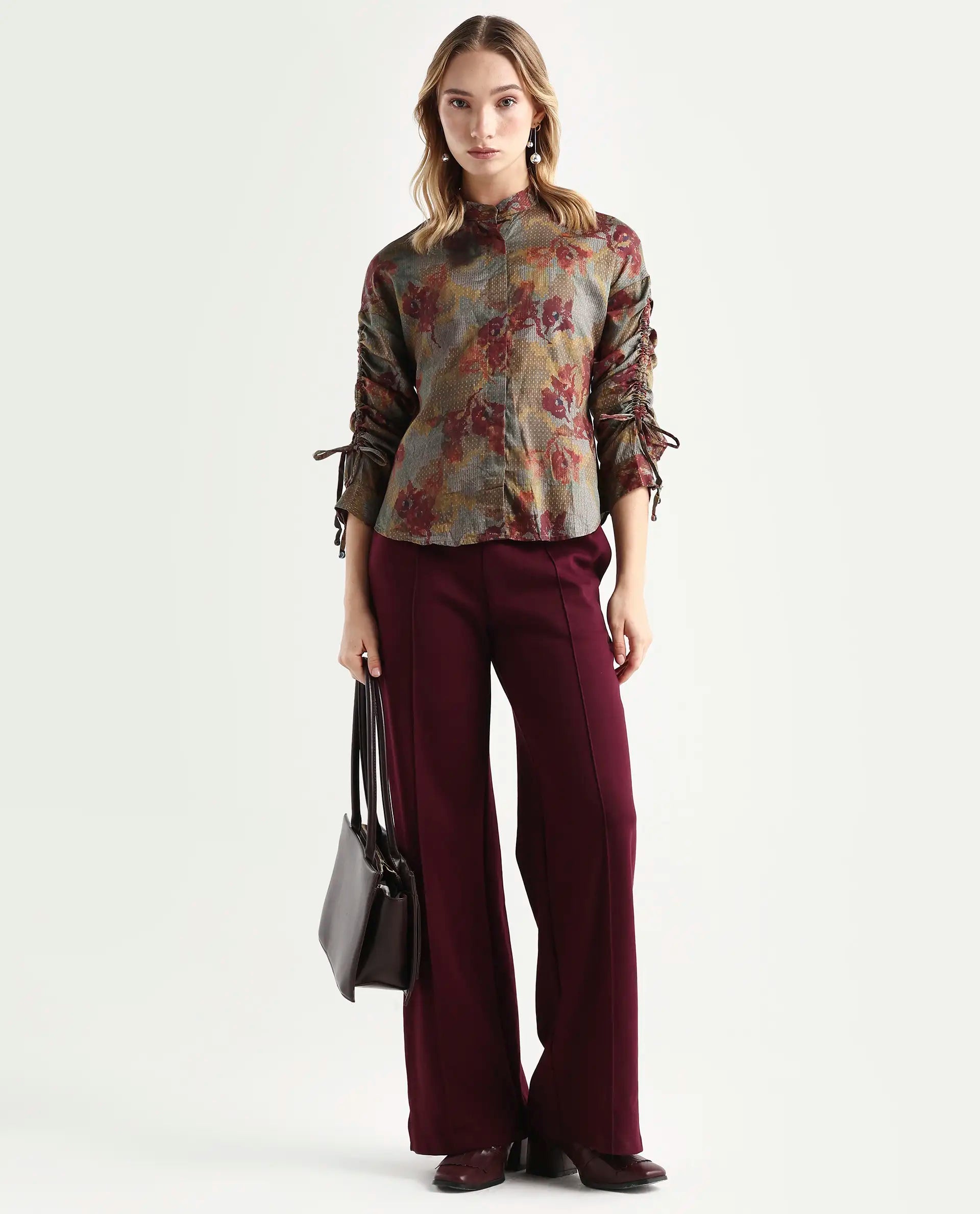 Rareism Women's Skyla Olive Cotton Mandarin Collar Floral Print Regular Fit Top