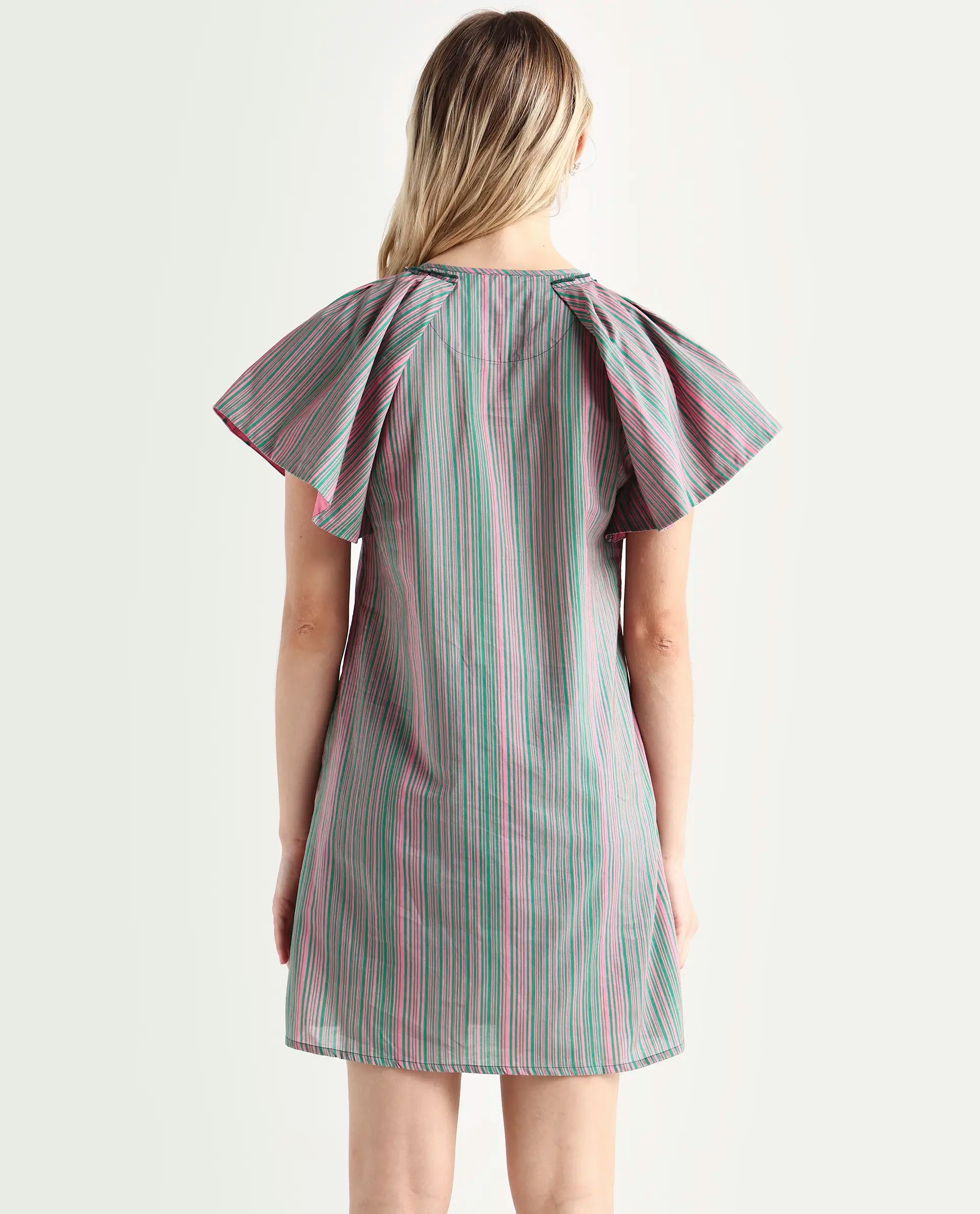 Rareism Women's Berta Pink Cotton Key Hole Neck Striped Ruffled Sleeve Mini Flared Dress
