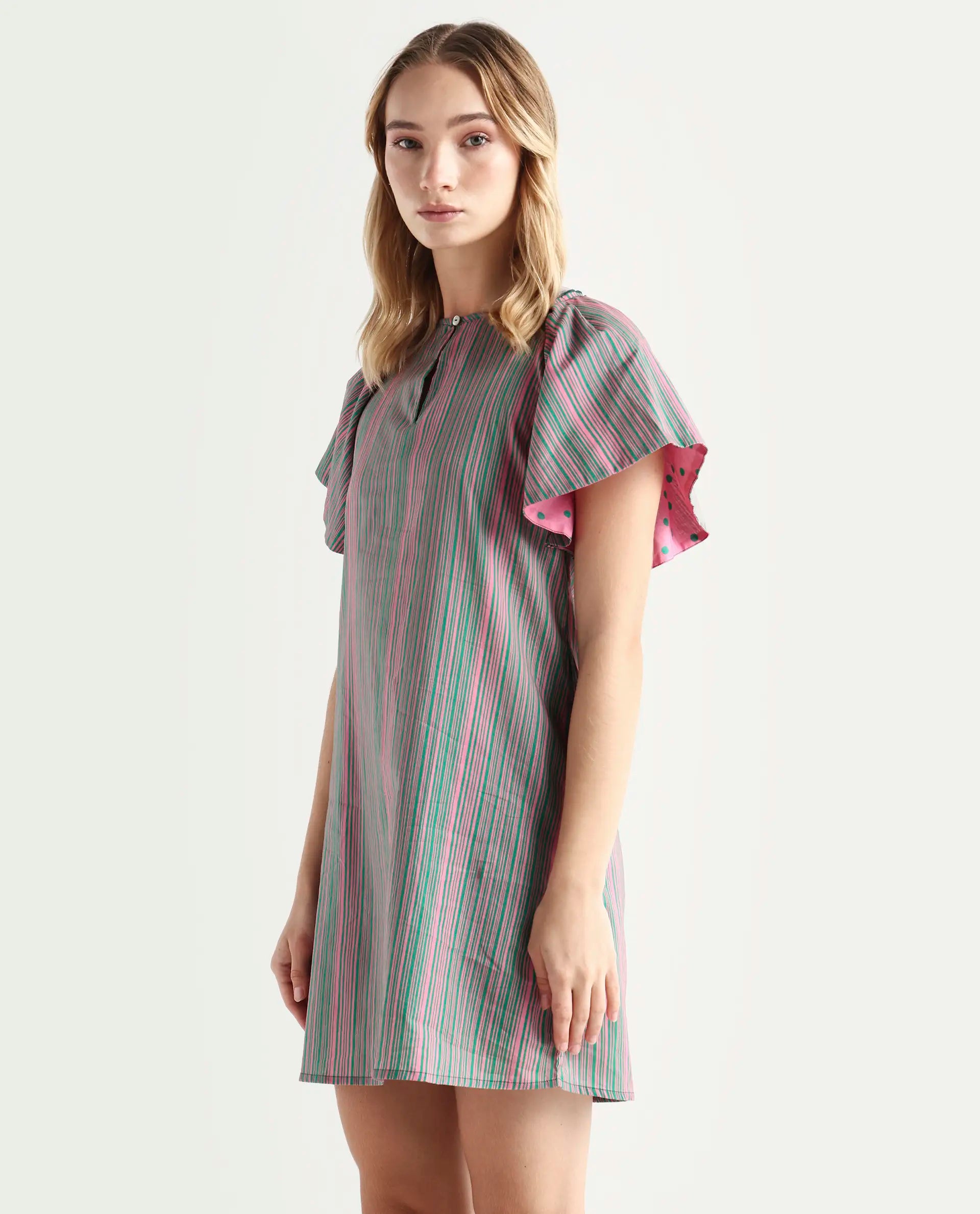Rareism Women's Berta Pink Cotton Key Hole Neck Striped Ruffled Sleeve Mini Flared Dress