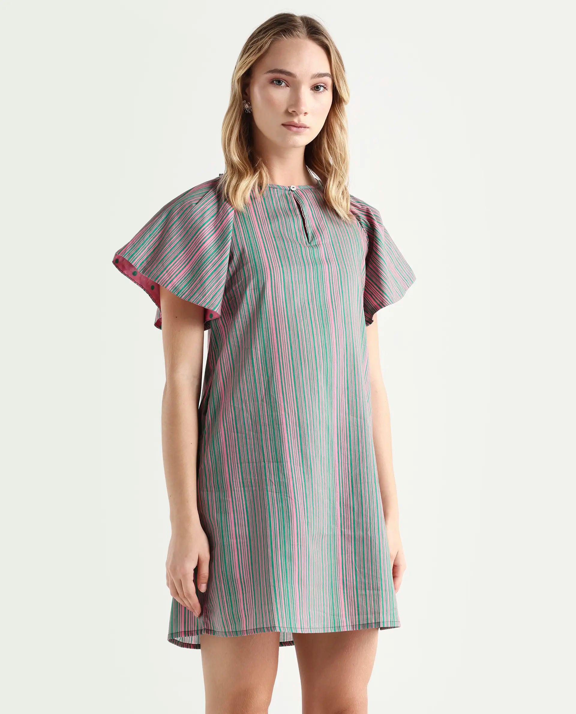 Rareism Women's Berta Pink Cotton Fabric Short Sleeves Button Closure Key  Hole Neck Ruffled Sleeves Flared Fit Striped Short Dress(XXS)