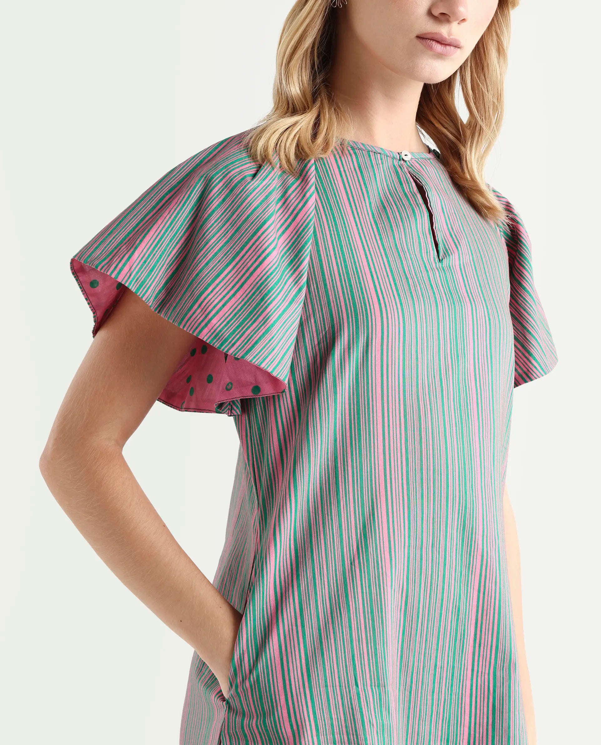 Rareism Women's Berta Pink Cotton Key Hole Neck Striped Ruffled Sleeve Mini Flared Dress