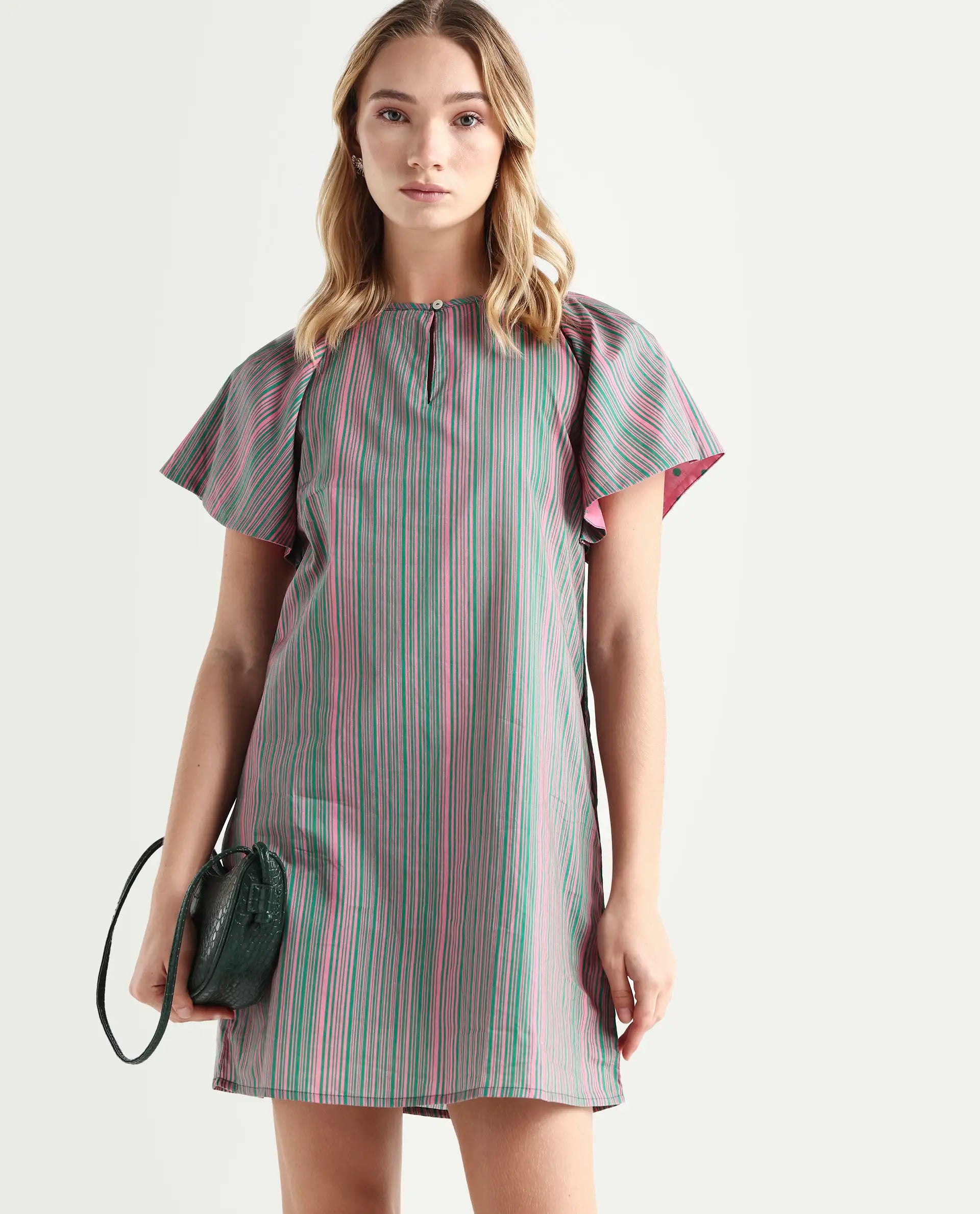 Rareism Women's Berta Pink Cotton Key Hole Neck Striped Ruffled Sleeve Mini Flared Dress