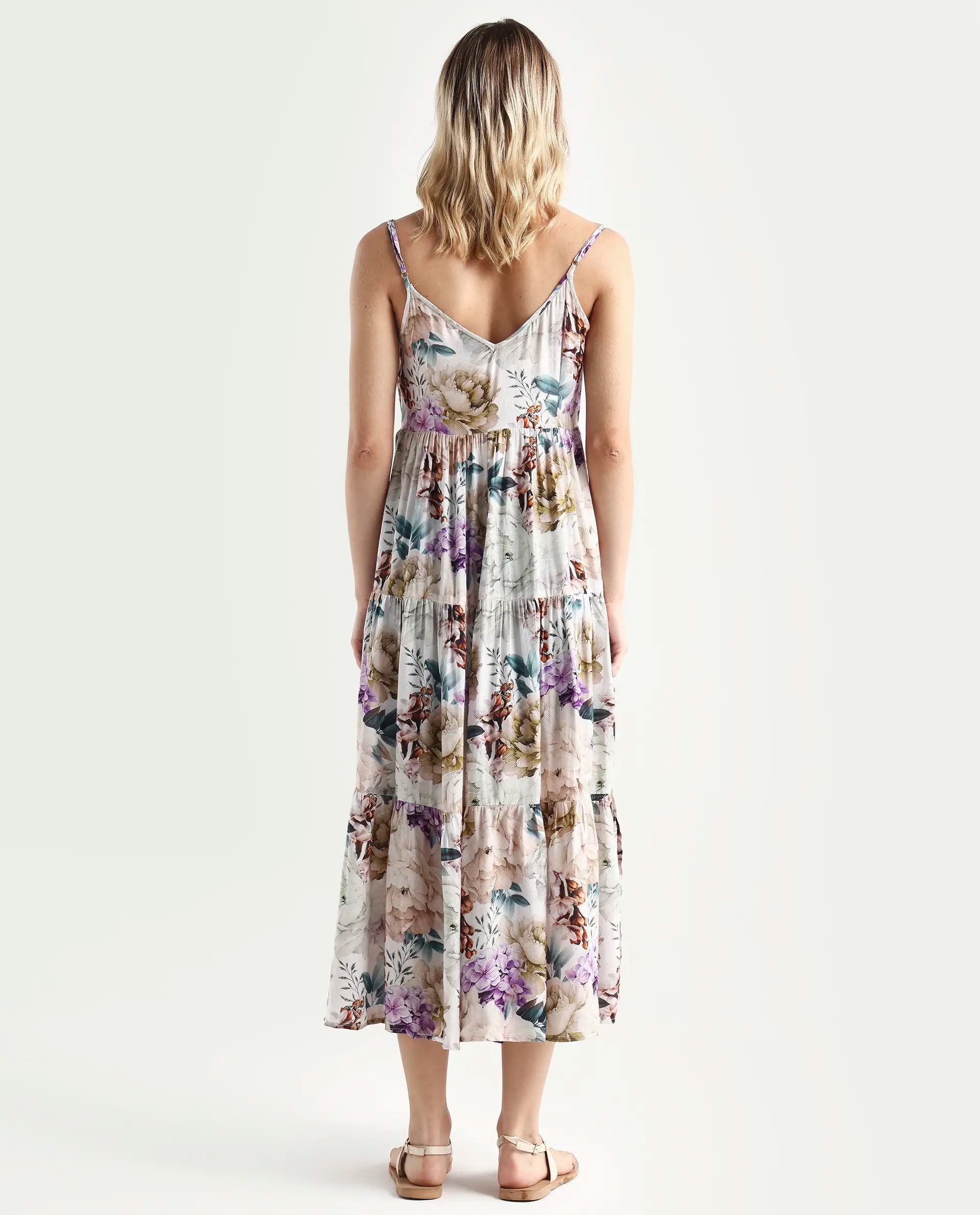 Rareism Women's Joanna Multi Cotton V-Neck Floral Print Shoulder Strap Midi Regular Fit Dress