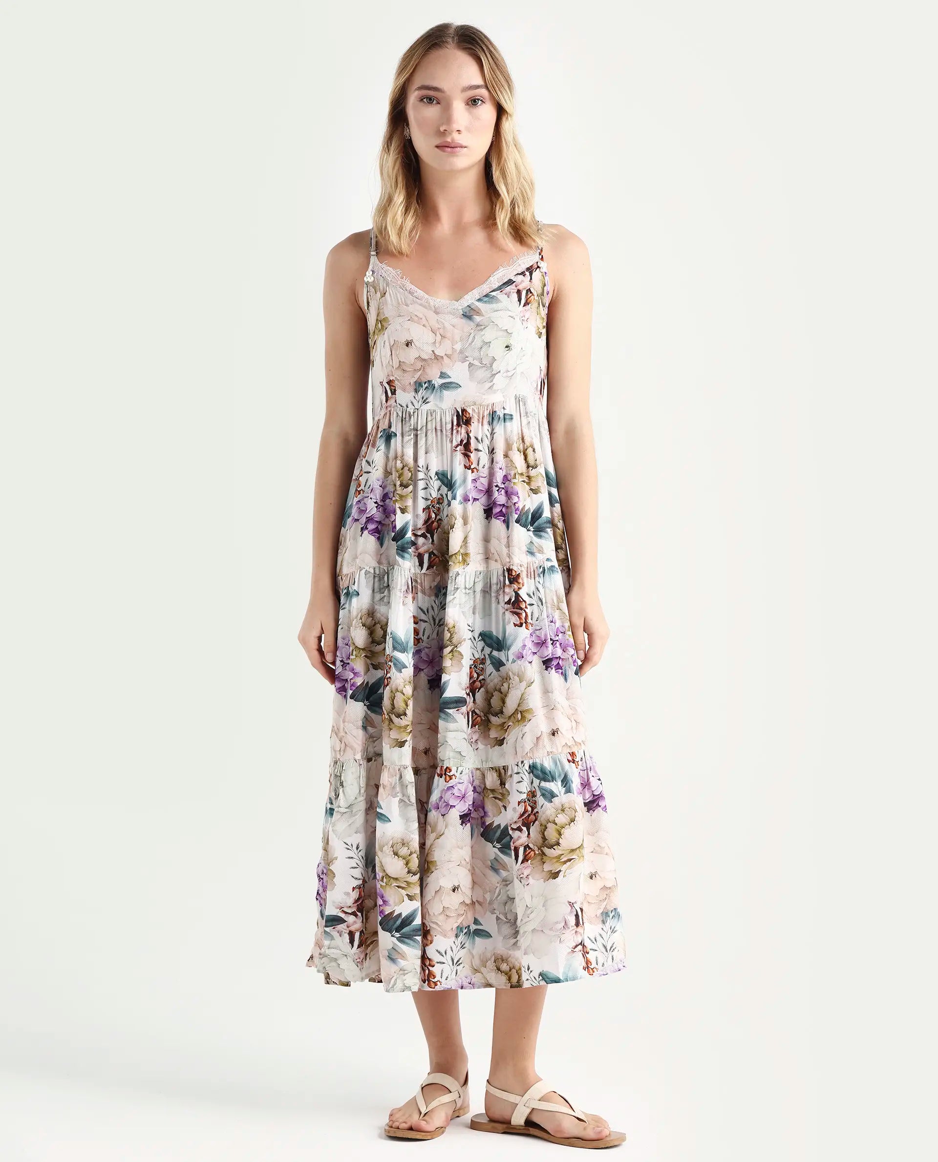Rareism Women's Joanna Multi Cotton V-Neck Floral Print Shoulder Strap Midi Regular Fit Dress