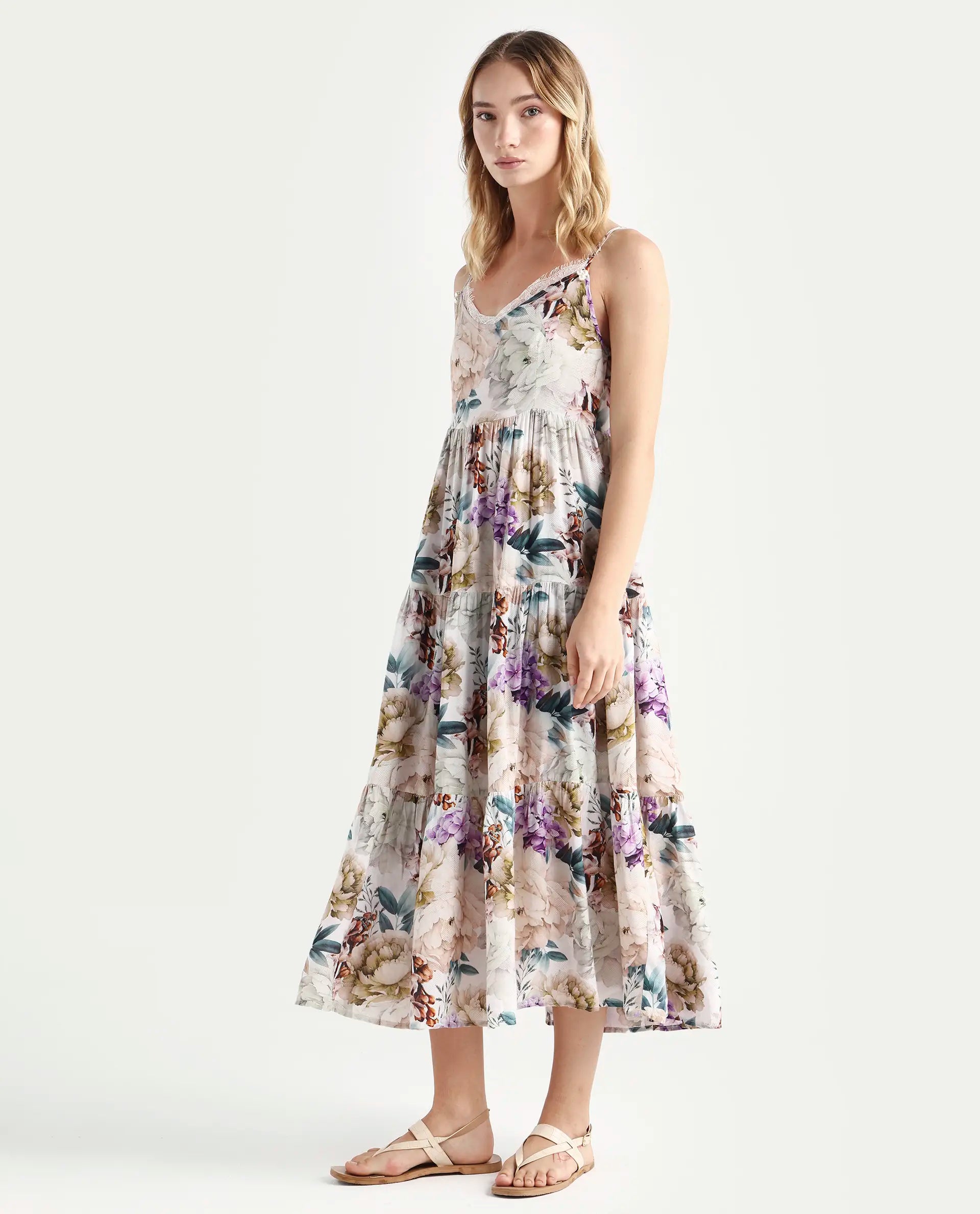 Rareism Women's Joanna Multi Cotton V-Neck Floral Print Shoulder Strap Midi Regular Fit Dress