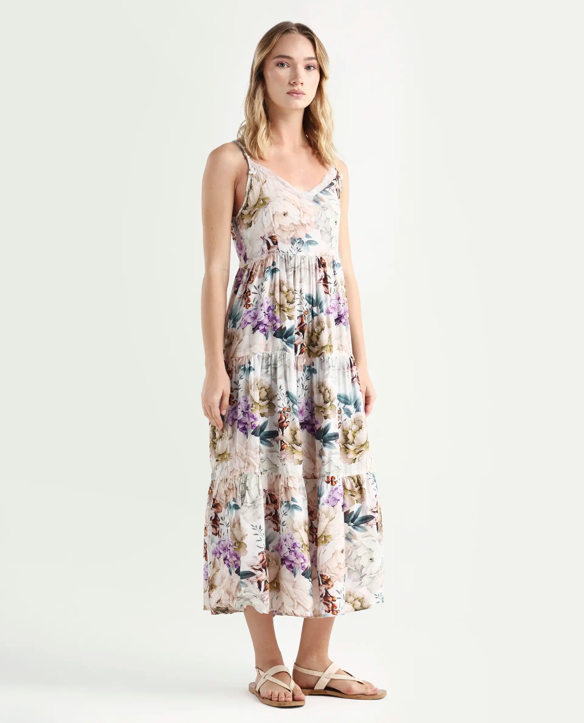 Rareism Women's Joanna Multi Cotton V-Neck Floral Print Shoulder Strap Midi Regular Fit Dress