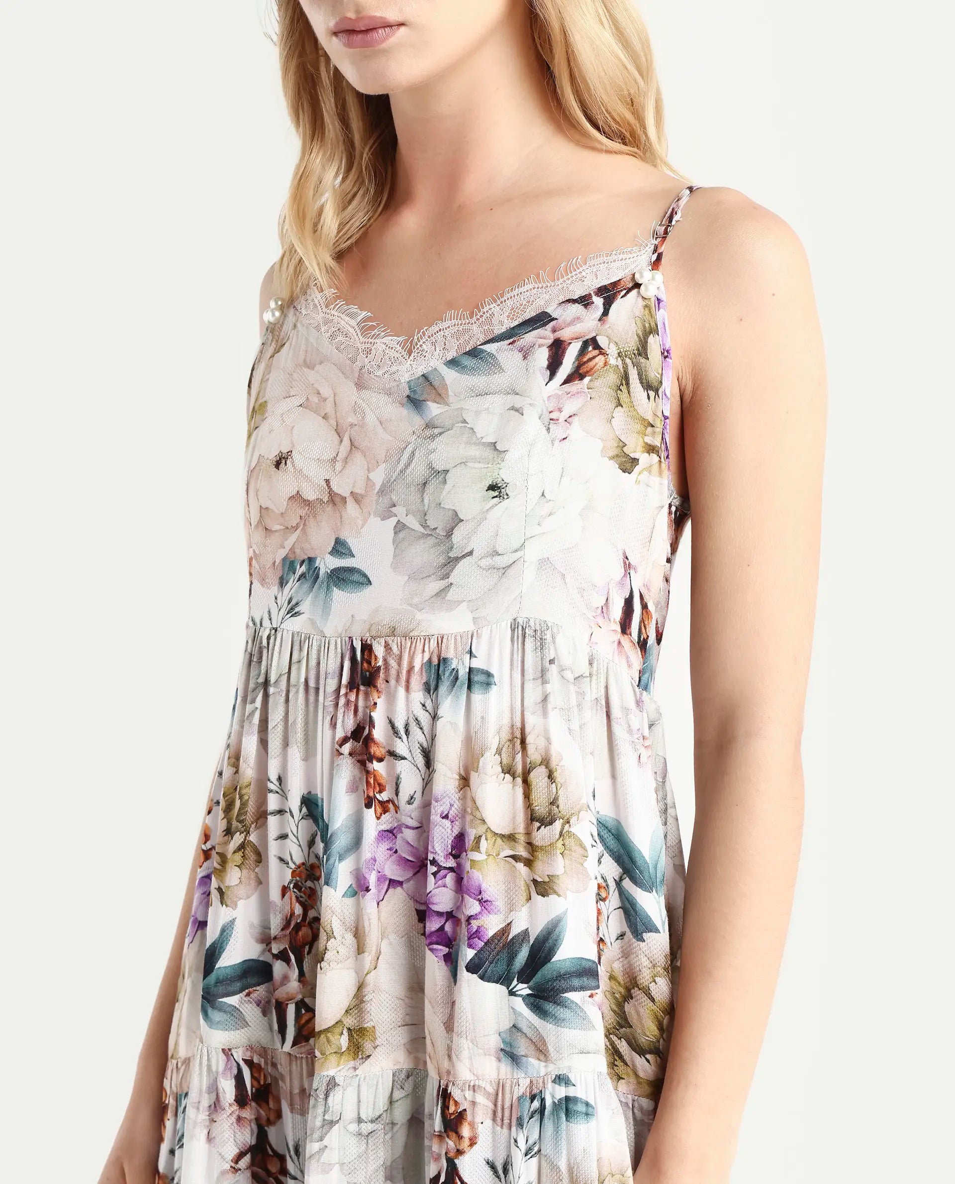 Rareism Women's Joanna Multi Cotton V-Neck Floral Print Shoulder Strap Midi Regular Fit Dress