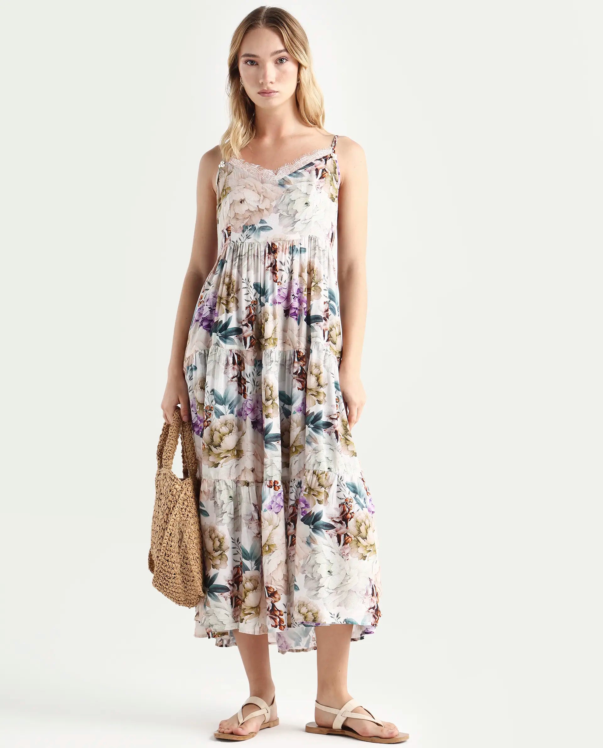 Rareism Women's Joanna Multi Cotton V-Neck Floral Print Shoulder Strap Midi Regular Fit Dress