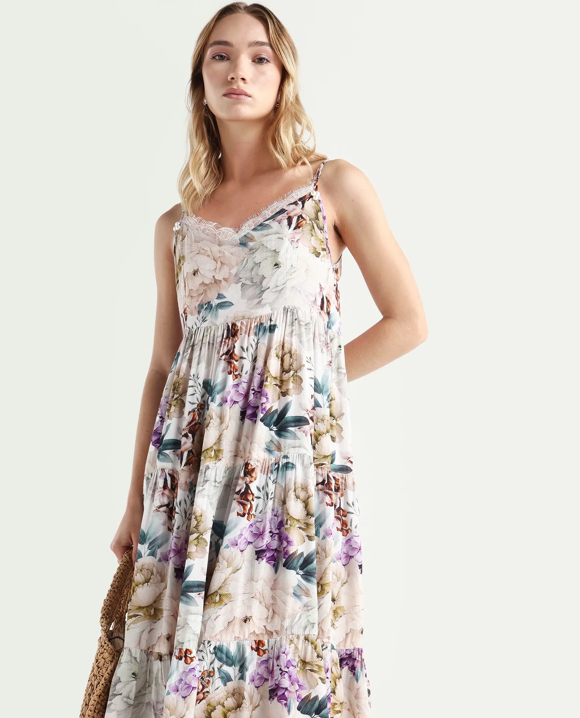 Rareism Women's Joanna Multi Cotton V-Neck Floral Print Shoulder Strap Midi Regular Fit Dress