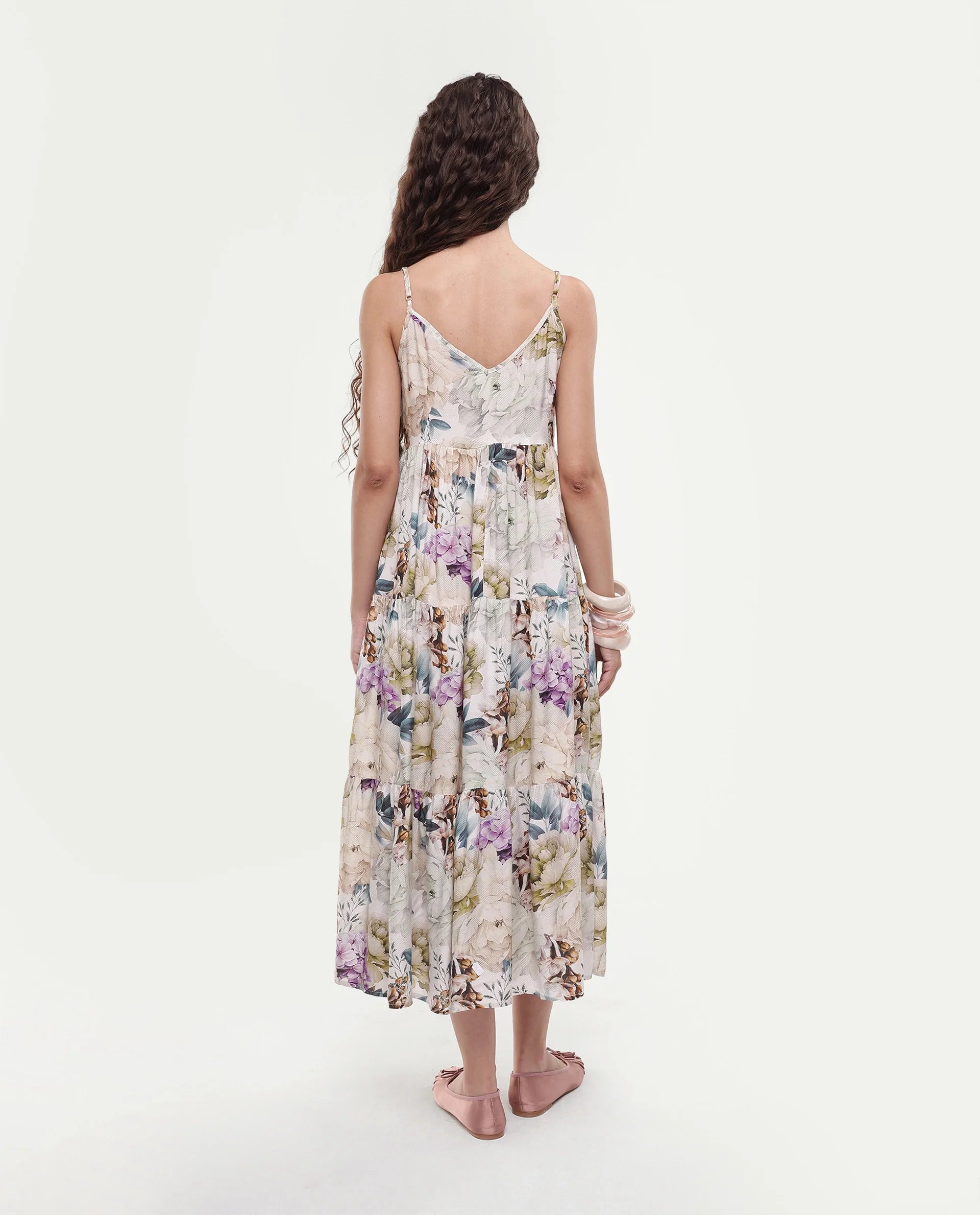 Rareism Women's Joanna Multi Cotton V-Neck Floral Print Shoulder Strap Midi Regular Fit Dress