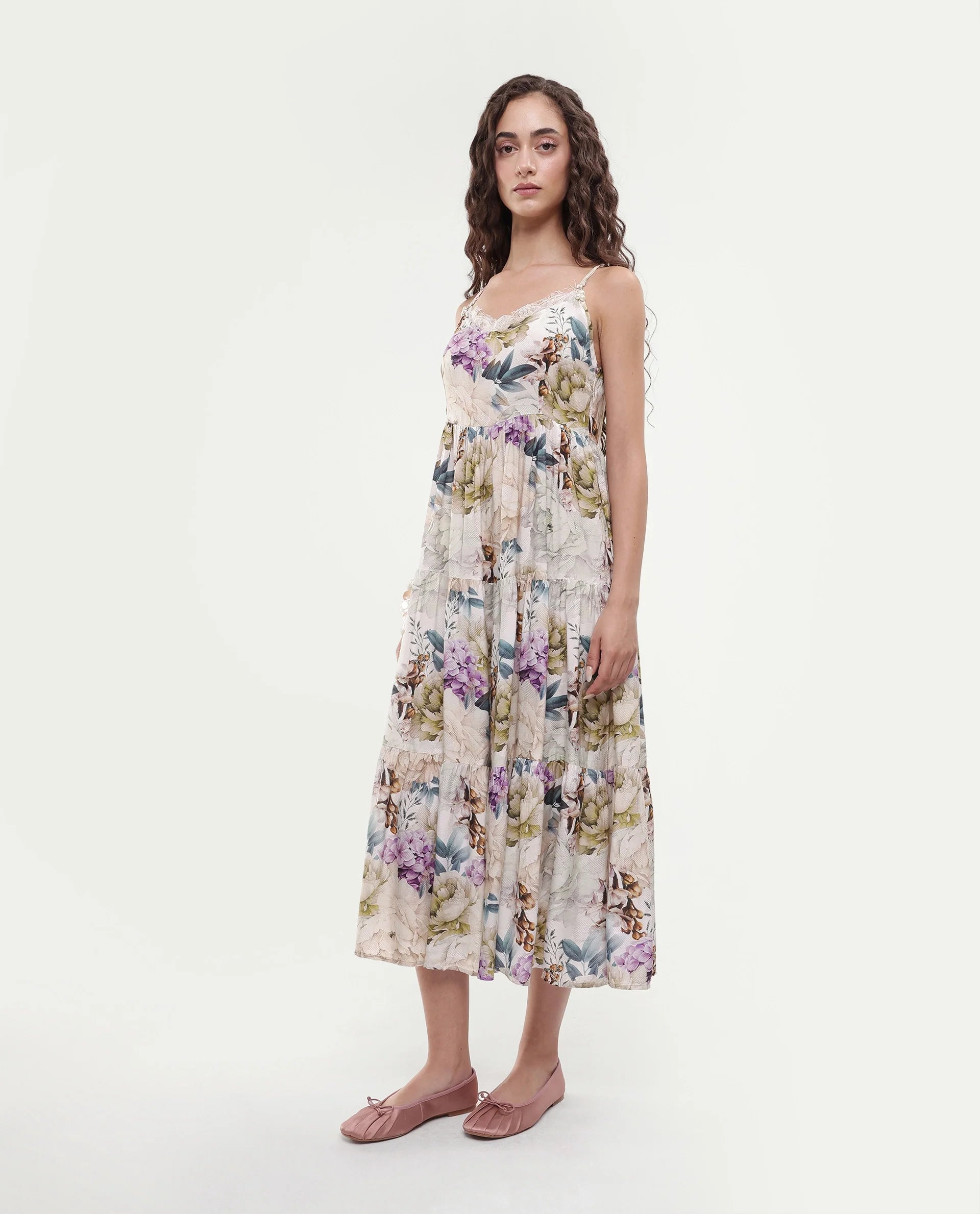 Rareism Women's Joanna Multi Cotton V-Neck Floral Print Shoulder Strap Midi Regular Fit Dress