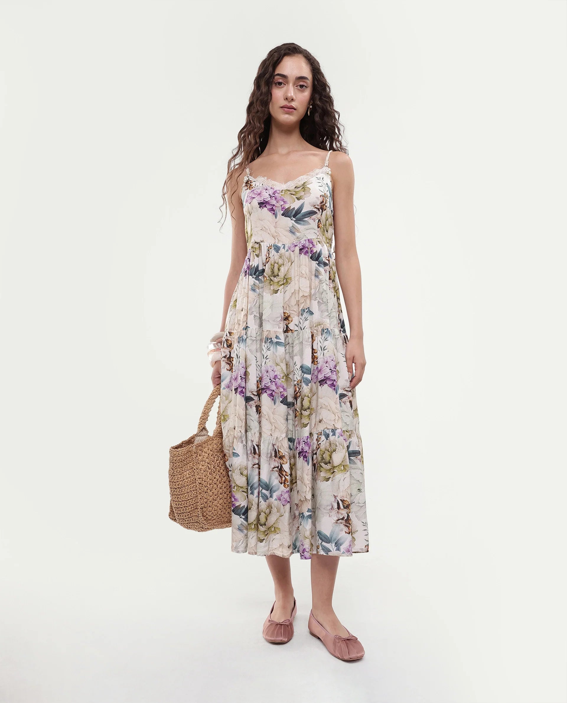 Rareism Women's Joanna Multi Cotton V-Neck Floral Print Shoulder Strap Midi Regular Fit Dress