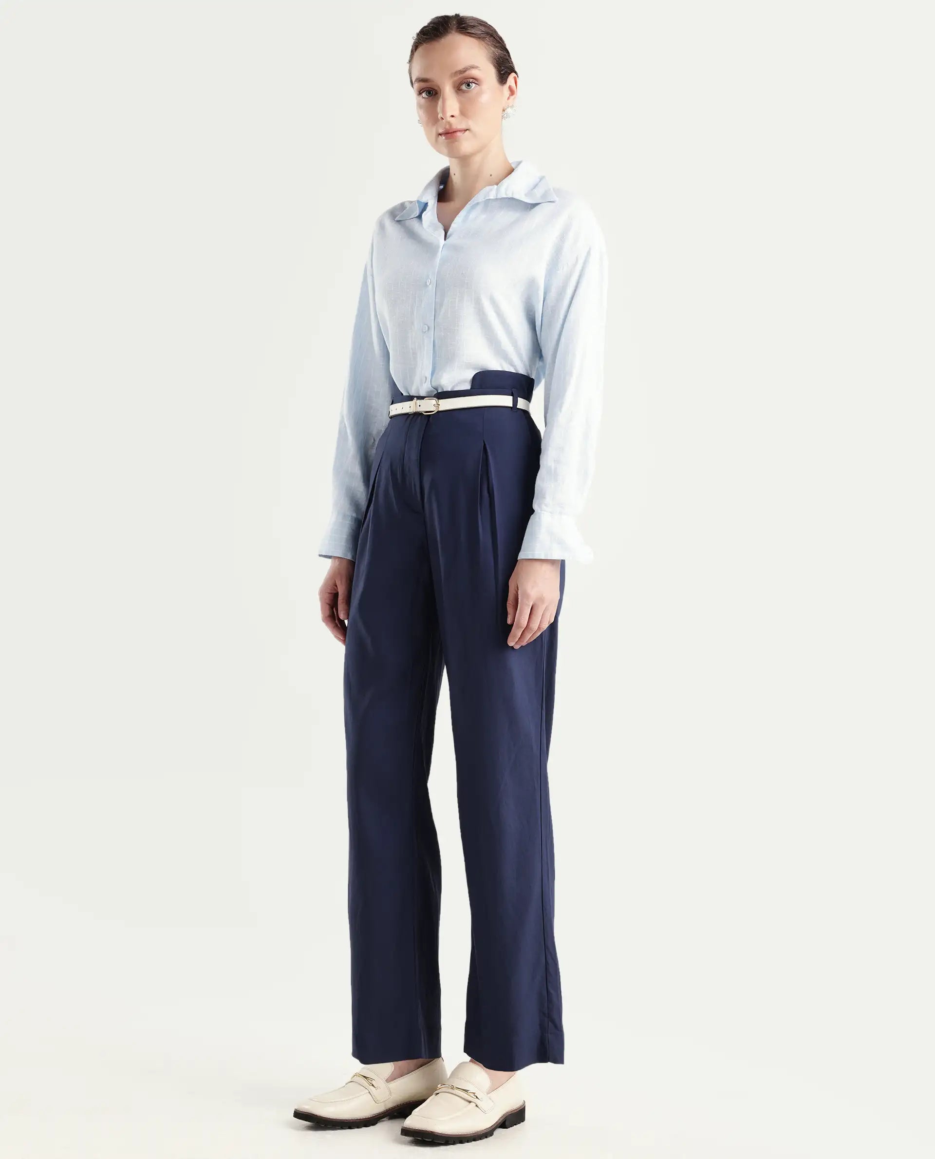 Rareism Women's Evanova Navy Viscose Plain Ankle Length Regular Fit Trouser