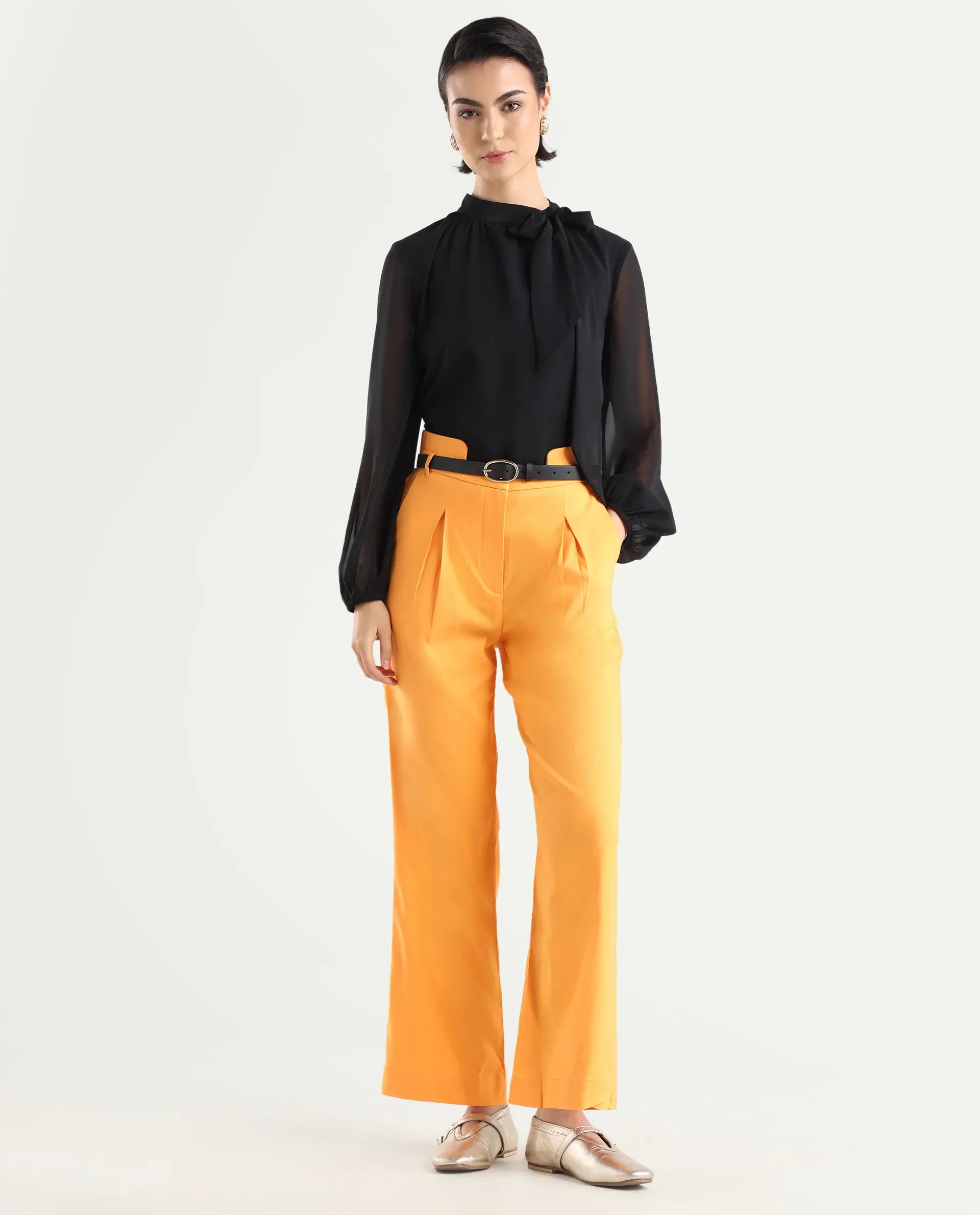 Rareism Women's Evanova Mustard Polyester Blend Plain Ankle Length Regular Fit Trouser