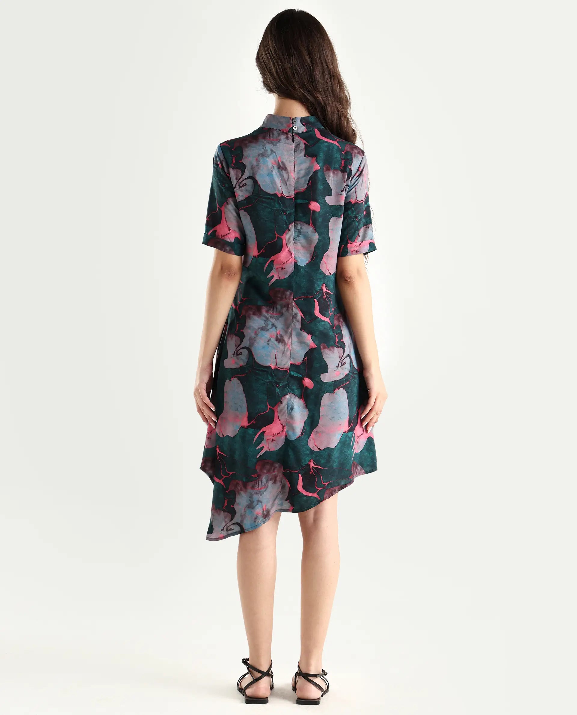Rareism Women's Calantha Multi Viscose High Neck Floral Print Knee Length Regular Fit Dress