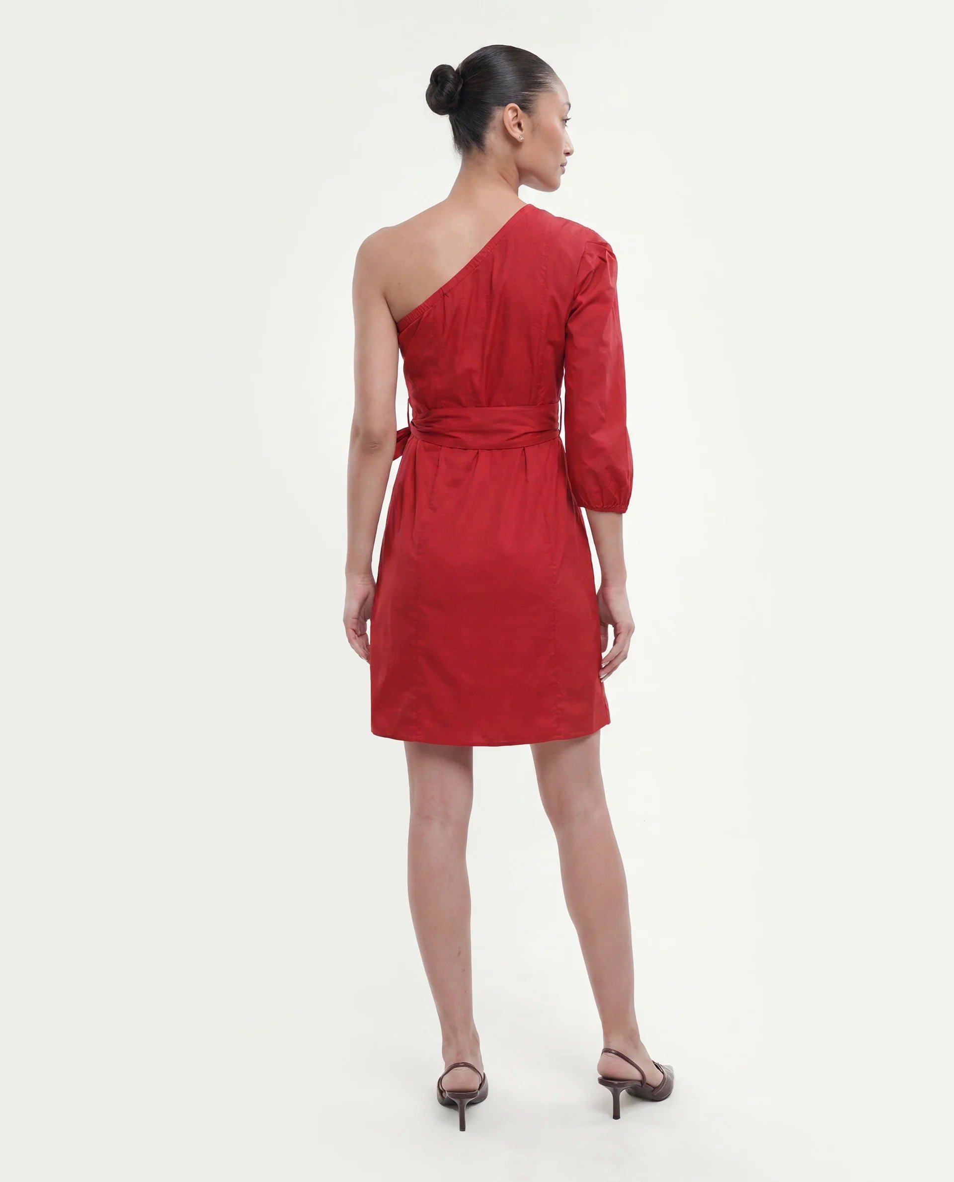 Rareism Women's Floris Red Polyester Blend One Shoulder Plain Puff Sleeves Knee Length Slim Fit Dress
