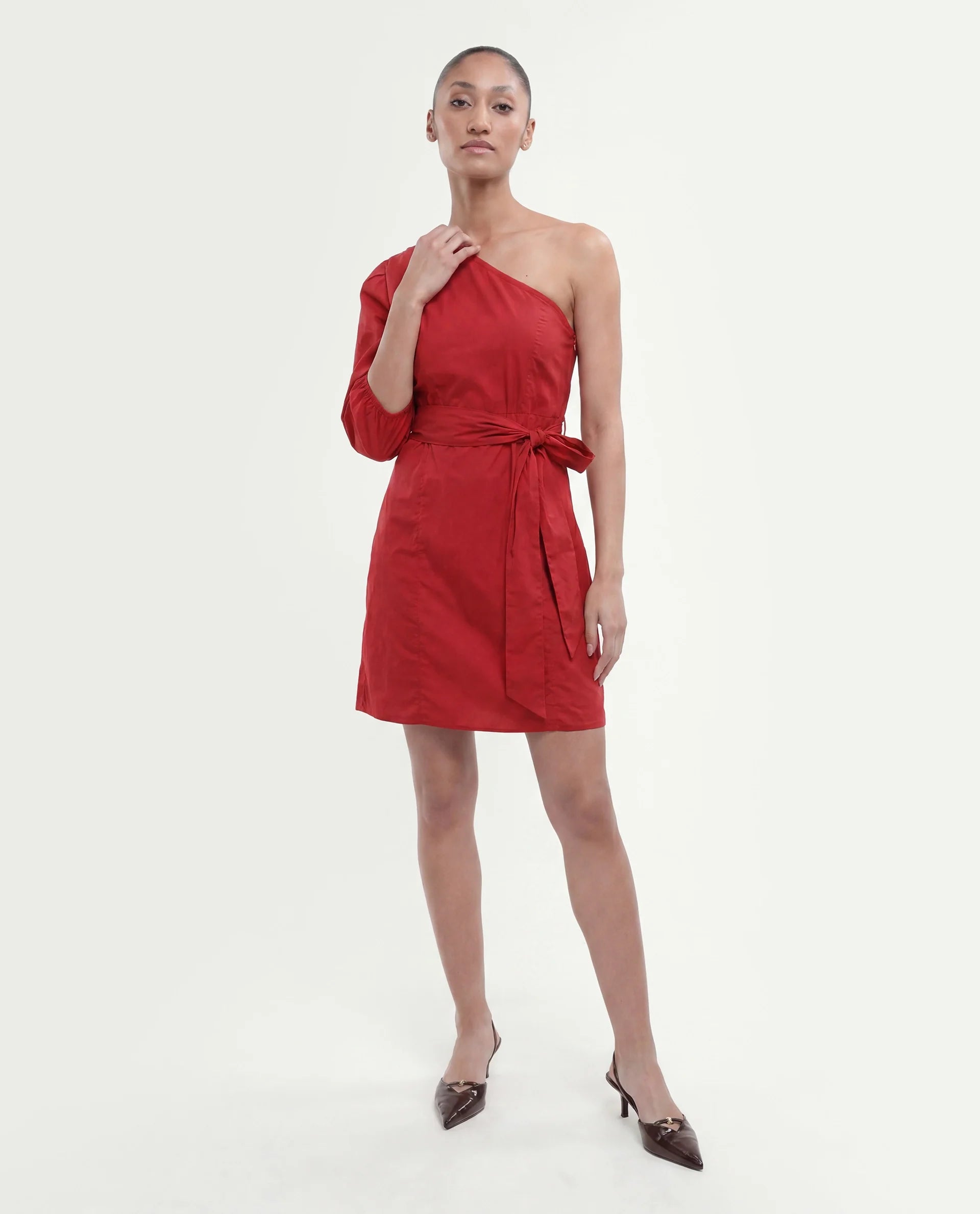 Rareism Women's Floris Red Polyester Blend One Shoulder Plain Puff Sleeves Knee Length Slim Fit Dress